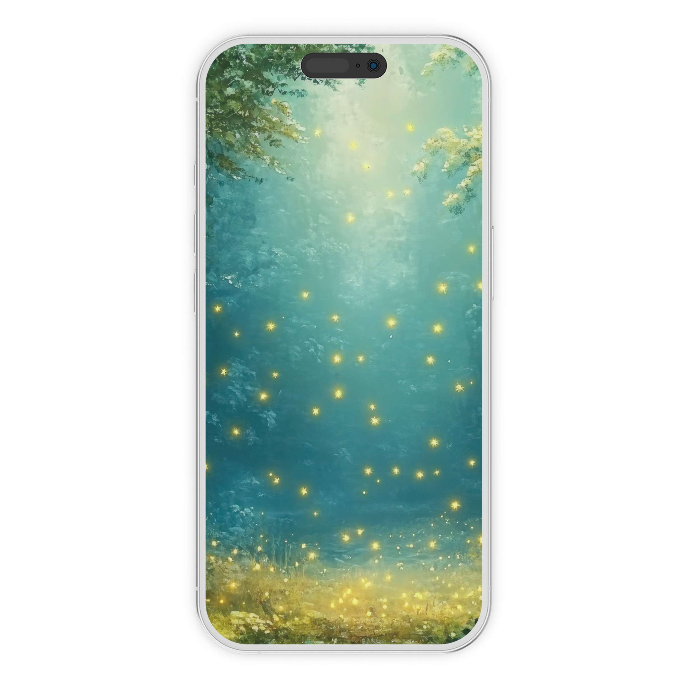 Nursery iPhone wallpaper with ethereal forest scene and glowing lights for a soothing phone background digital download art