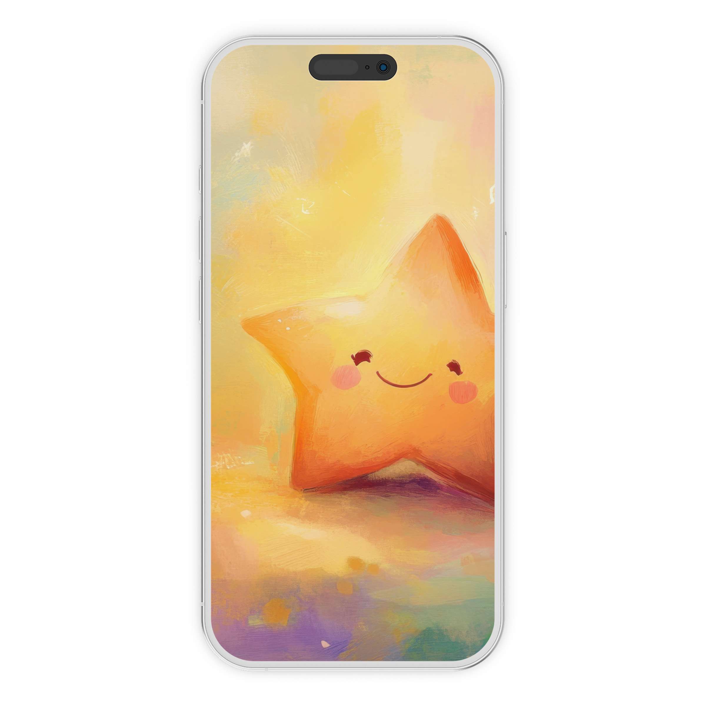 Dreamy nursery iPhone wallpaper with a smiling star on a pastel abstract background perfect for phone digital download and ambiance