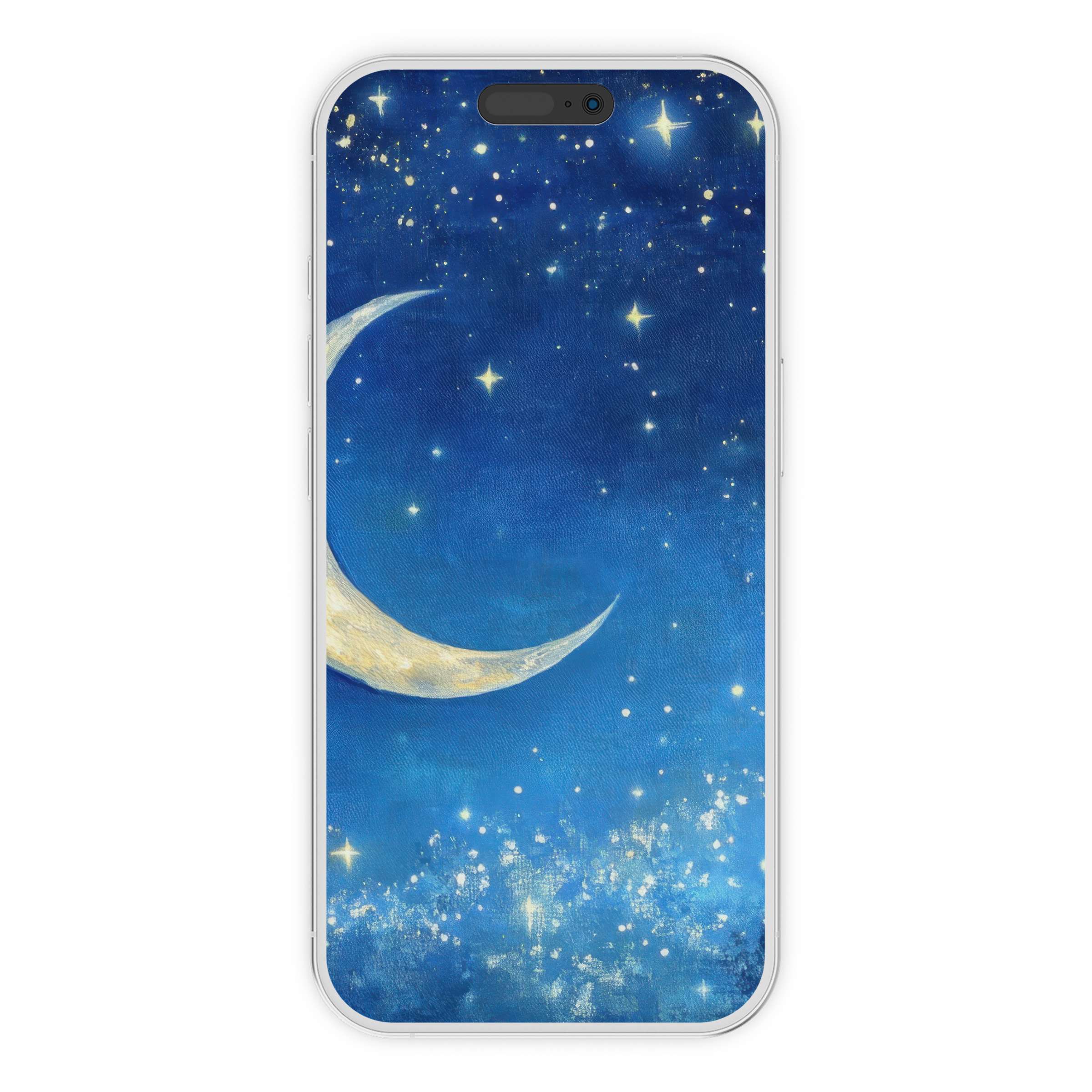 Dreamy nursery iPhone wallpaper with a calming blue sky and crescent moon design, perfect digital download for phone background