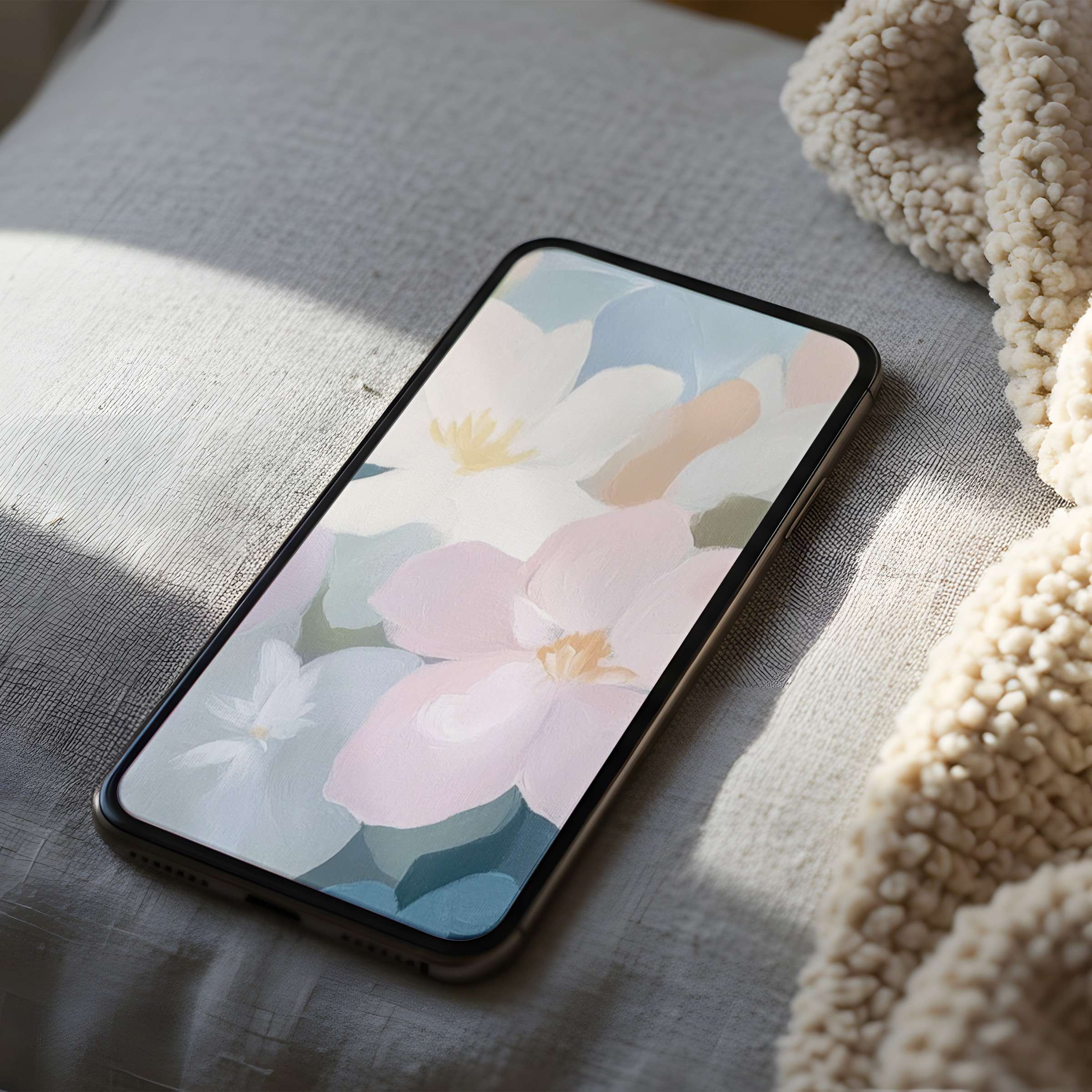 Elegant pastel floral design phone wallpaper on linen, ideal for iPhone and Android, soothing digital download for serene vibes