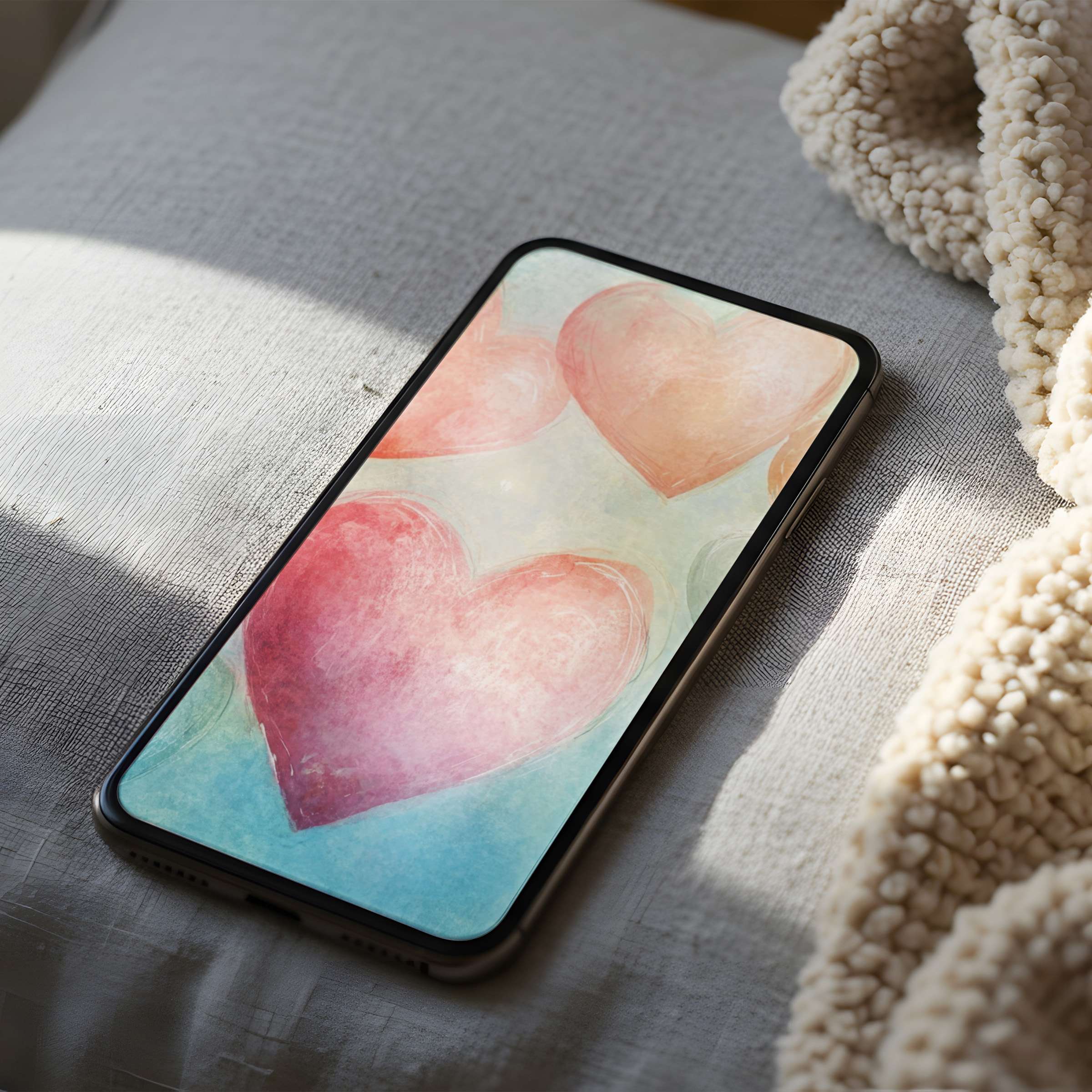 Elegant heart-themed phone wallpaper with soft pastels creates a serene vibe, suitable for iPhone and Android, digital download