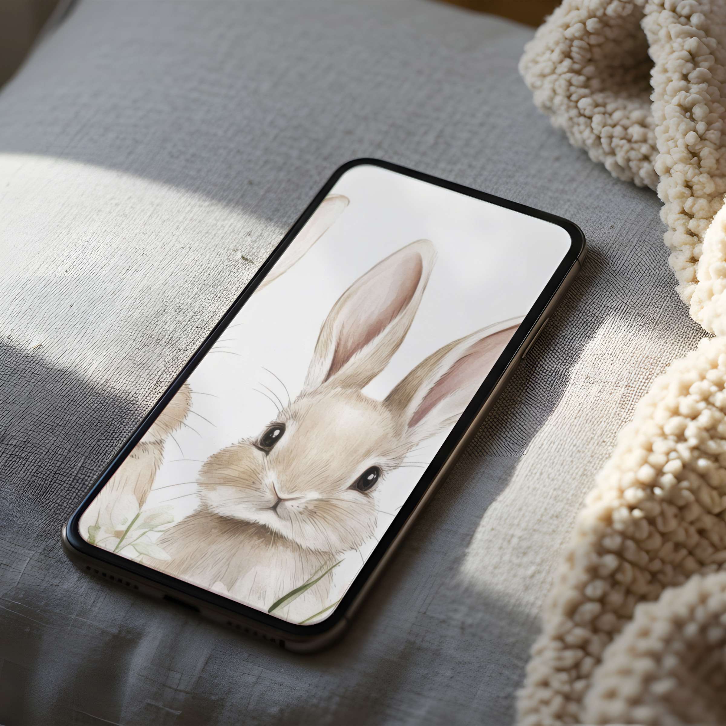 Charming bunny phone wallpaper in soft pastels, creating a serene aesthetic, perfect for high-resolution iPhone and Android digital downloads