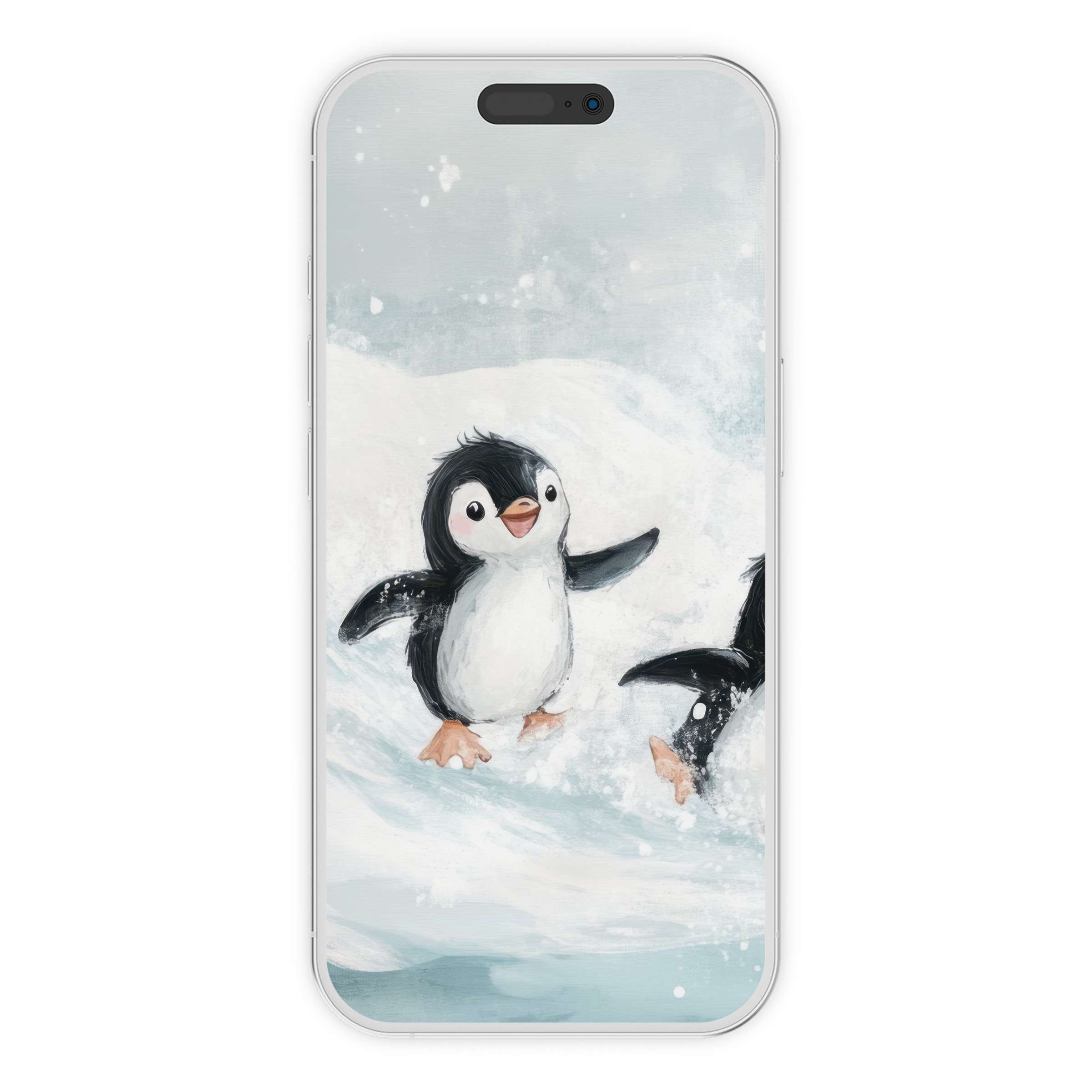 Charming nursery iPhone wallpaper featuring playful penguins on a snowy background for a serene phone backdrop digital download