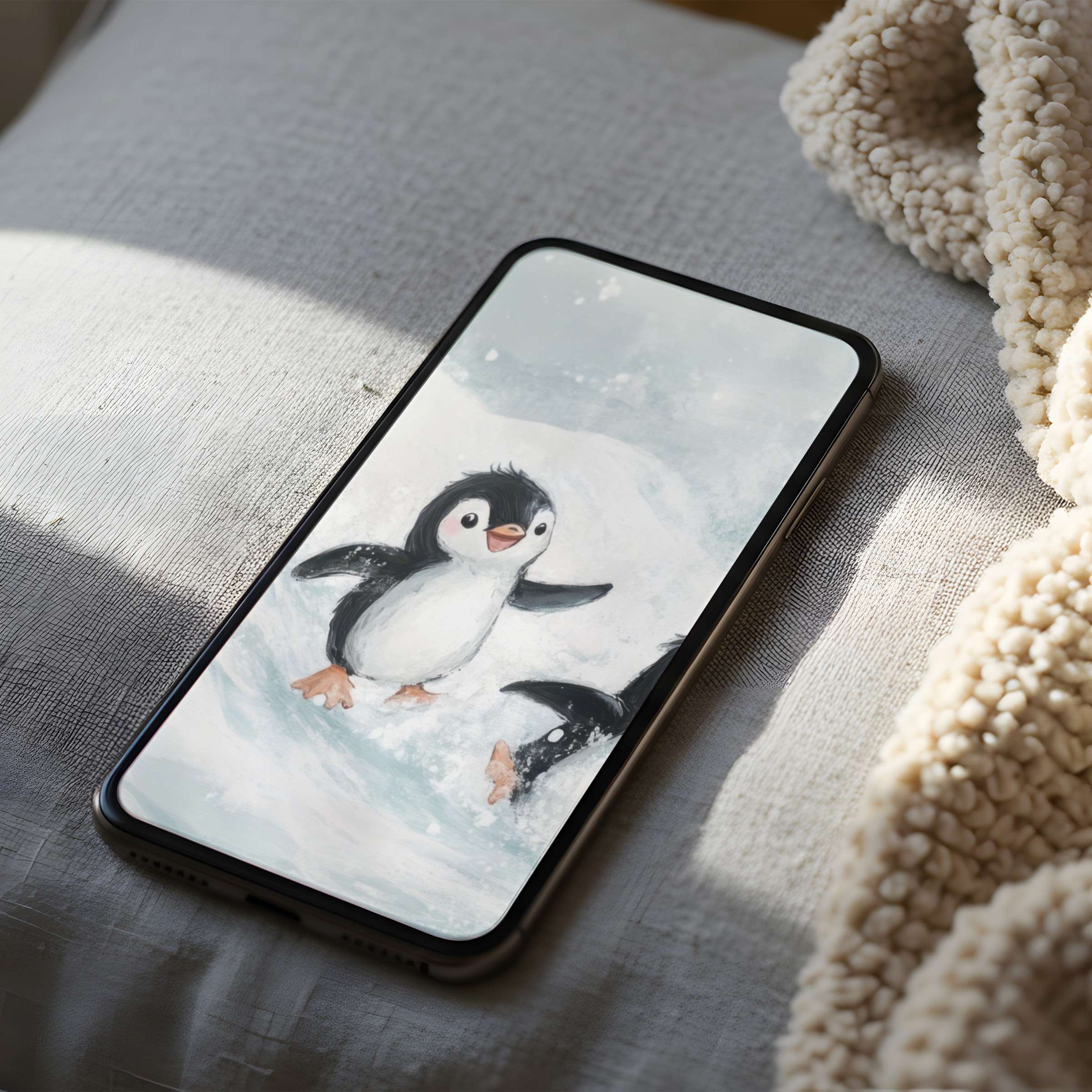Charming penguin phone wallpaper in soft pastels offers tranquility and style, ideal for iPhone and Android, instant digital download