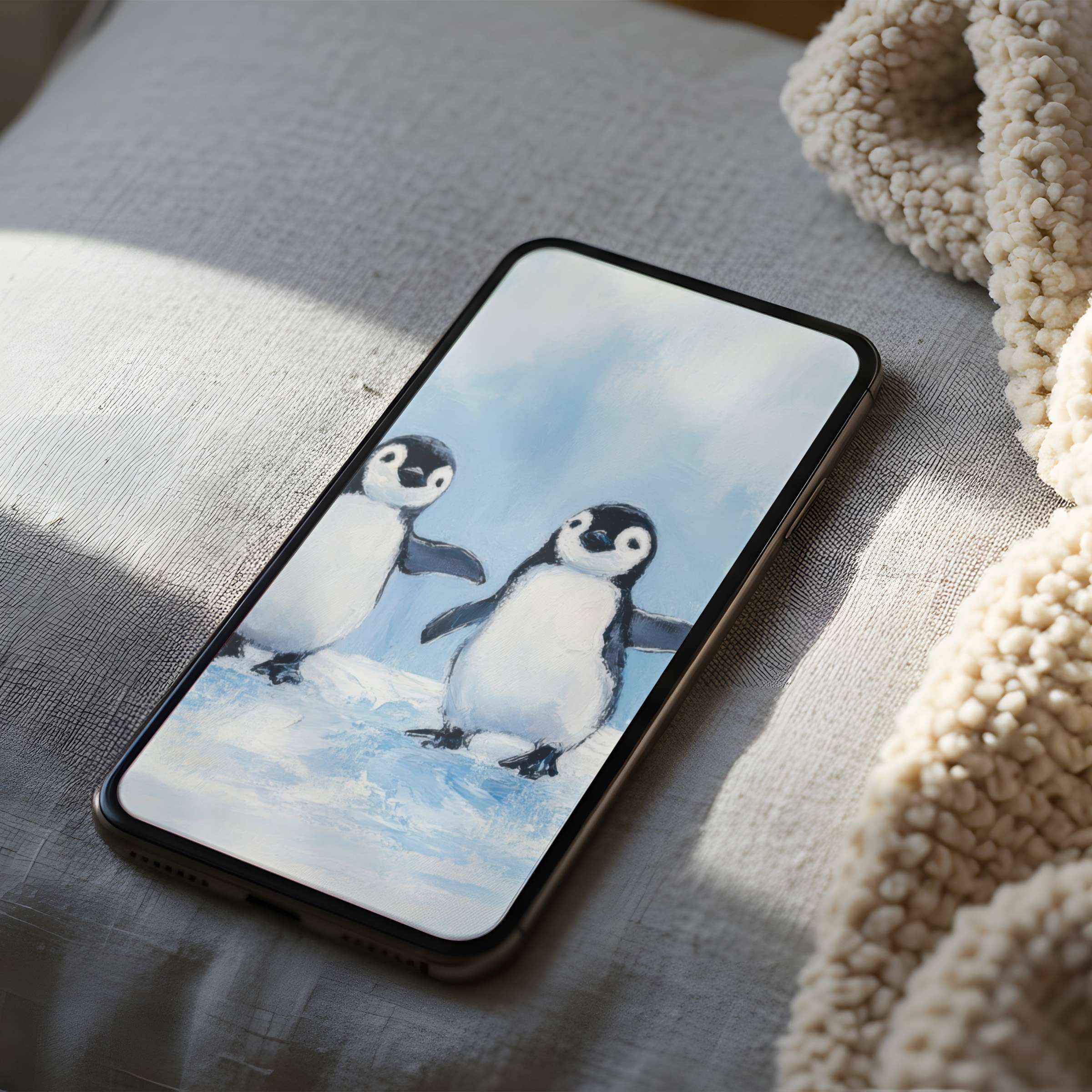 Charming penguin duo phone wallpaper with serene icy hues offers inspiration and tranquility; high resolution for iPhone and Android users