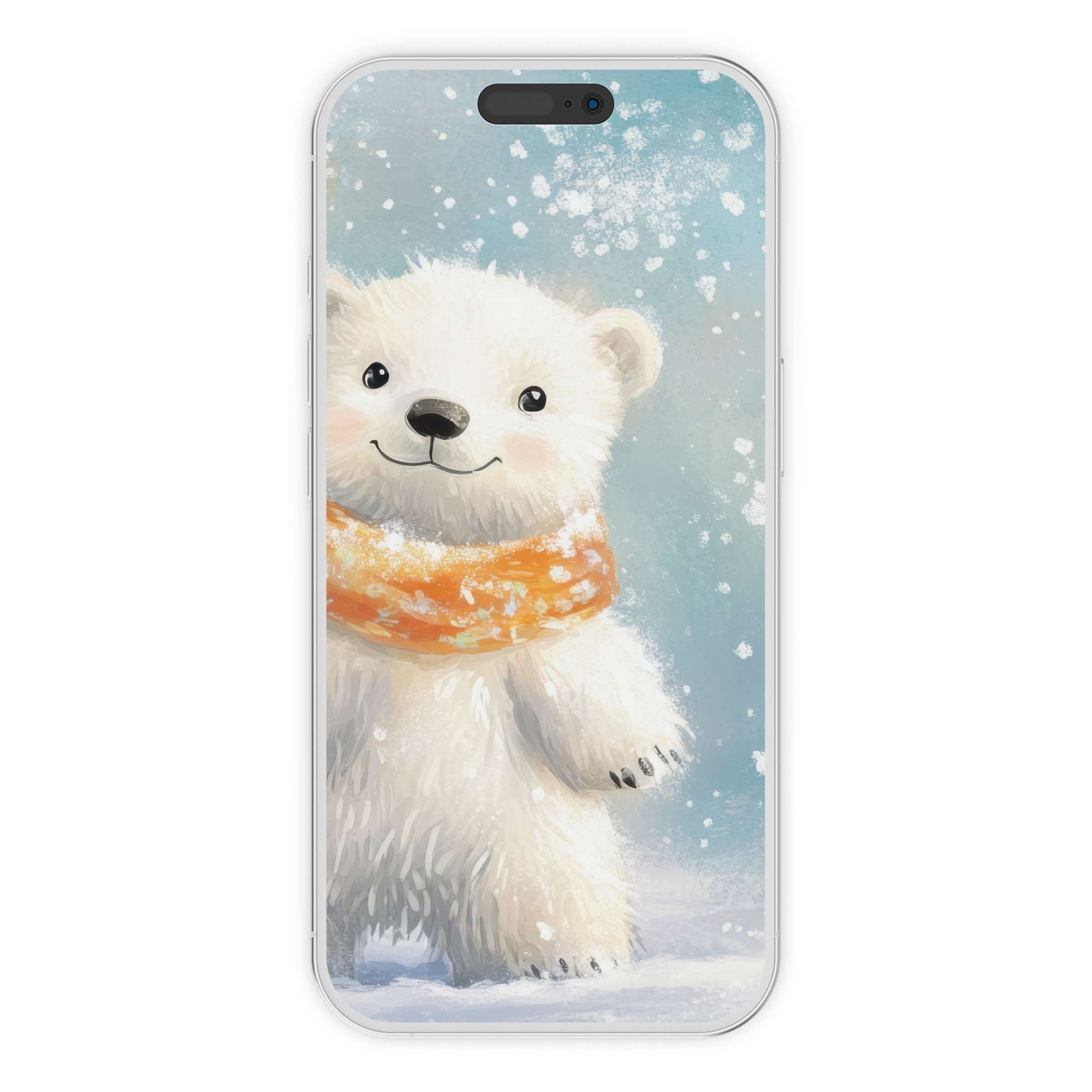 Cheerful polar bear in snowfall on nursery iPhone wallpaper offers serene phone background available as a digital download for baby-friendly design