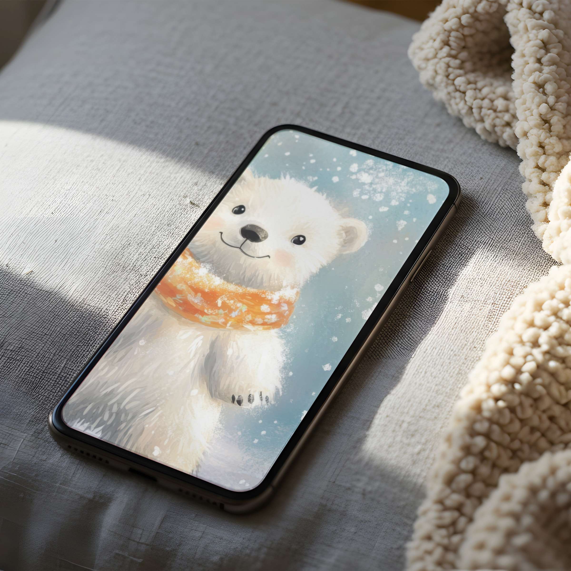 Cozy digital phone wallpaper featuring a watercolor polar bear in a scarf perfect for iPhone and Android high-resolution screens