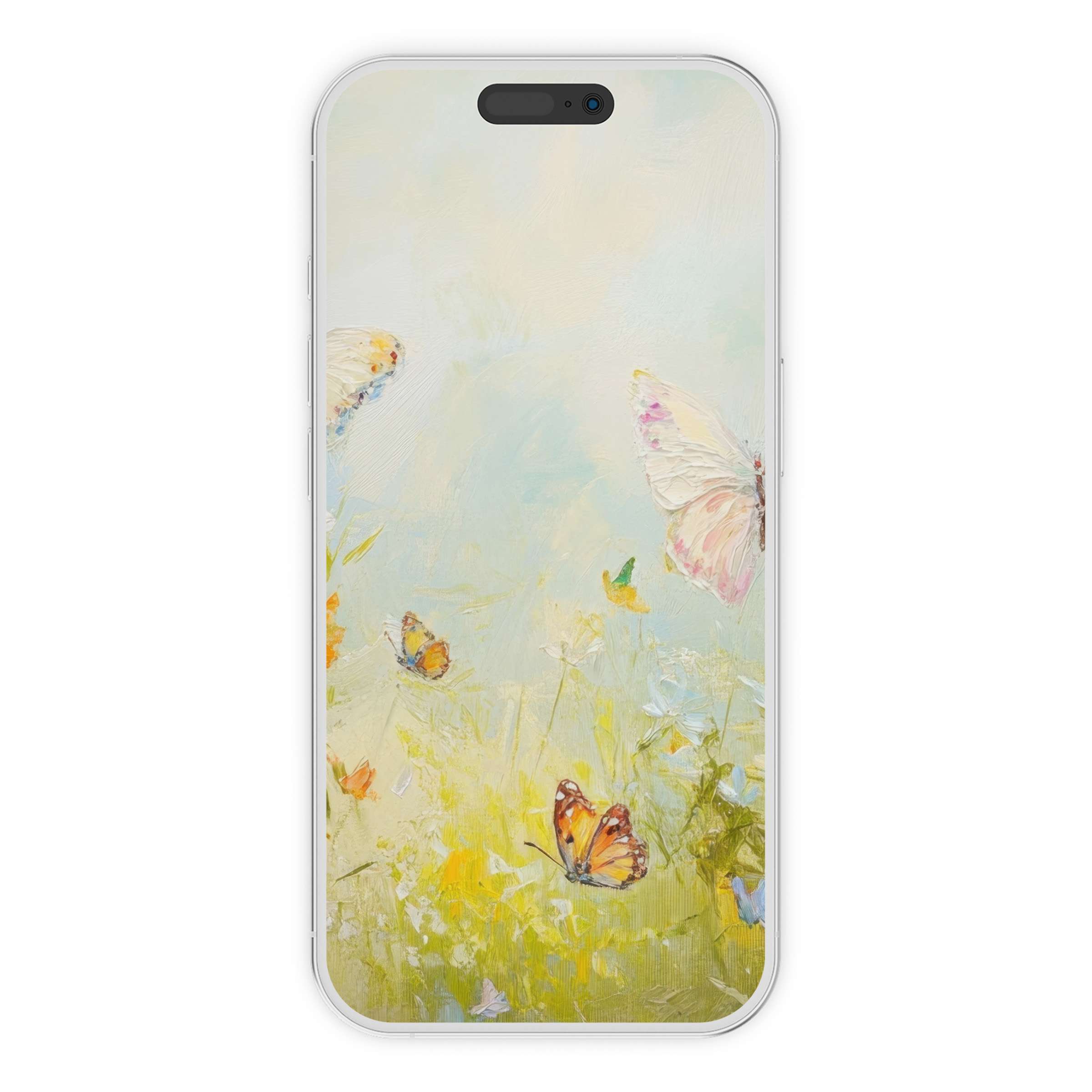 Ethereal butterfly scene in pastel tones for nursery iPhone wallpaper phone background digital download serene and sustainable elegance
