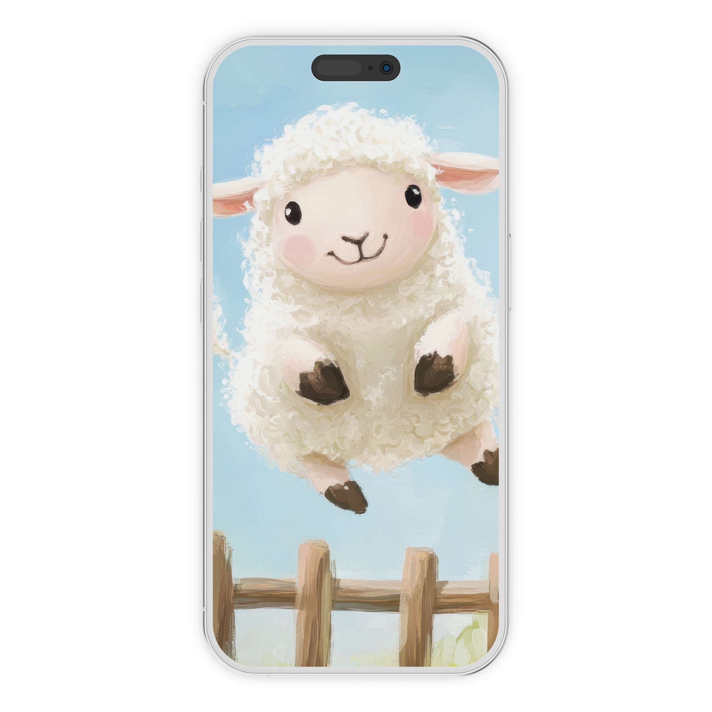 Charming nursery iPhone wallpaper featuring a fluffy lamb with a soothing blue background, perfect digital download for phones and tablets