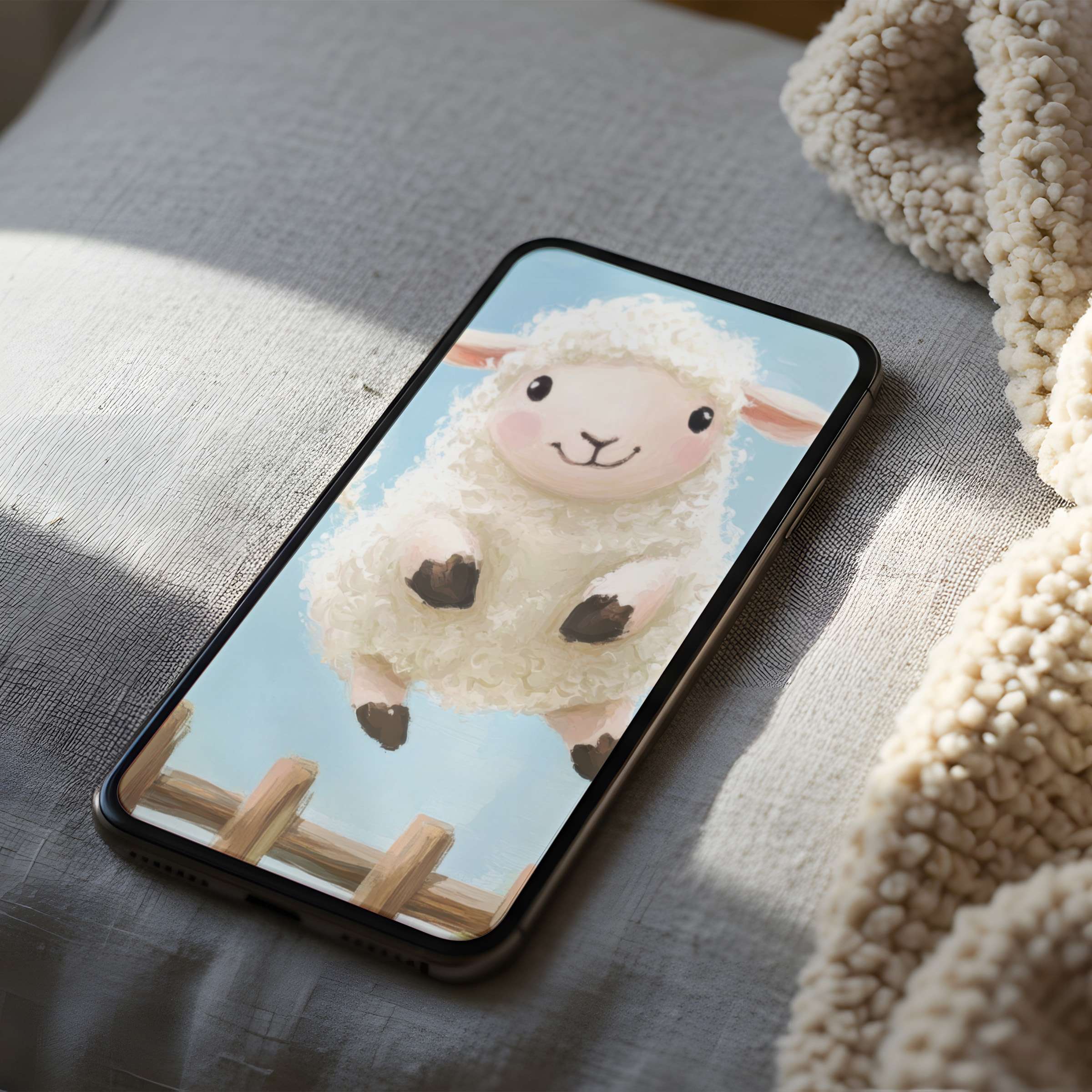 Charming sheep illustrated phone wallpaper in soft pastels offers serene style for iPhone and Android high-resolution digital download