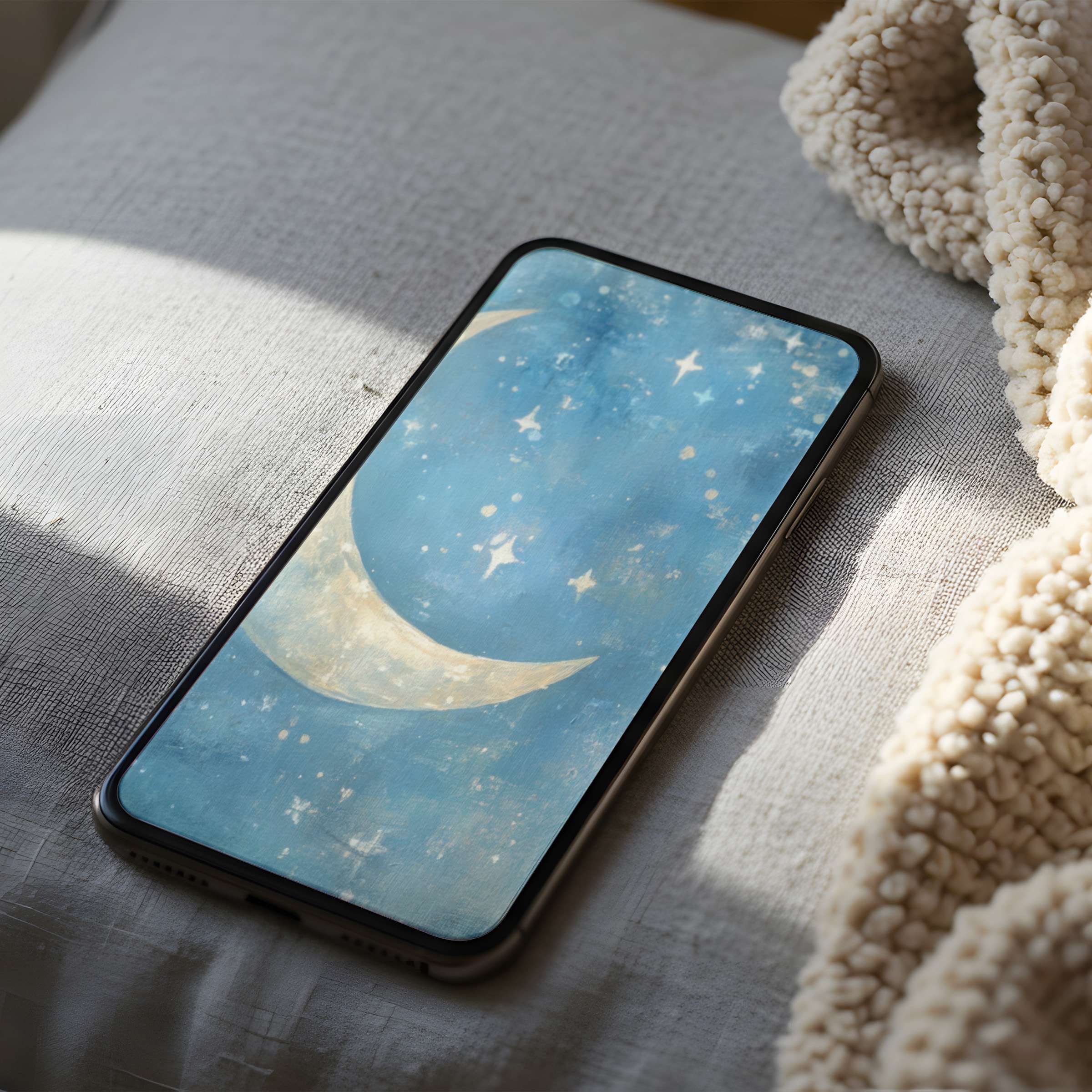Dreamy crescent moon phone wallpaper in calming blue and beige hues perfect for iPhone and Android high-resolution download