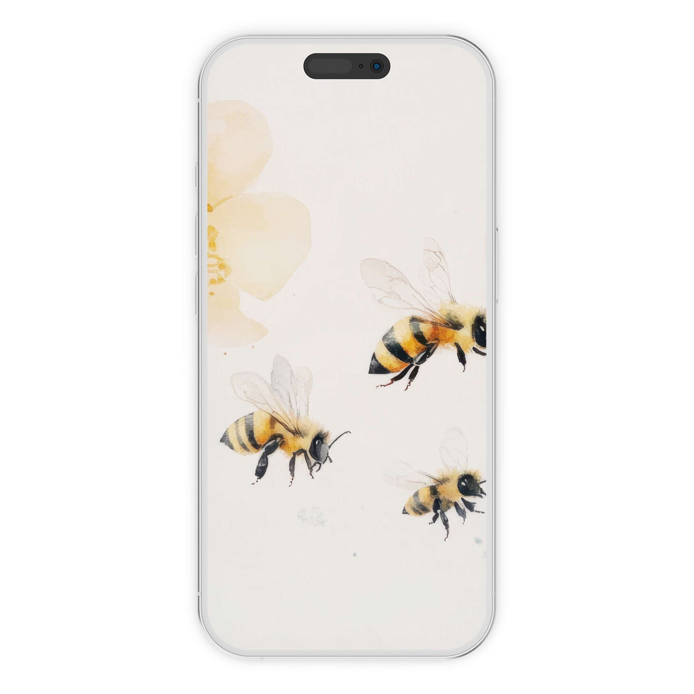 Charming nursery iPhone wallpaper with watercolor bees on a serene floral background perfect for digital download on any phone