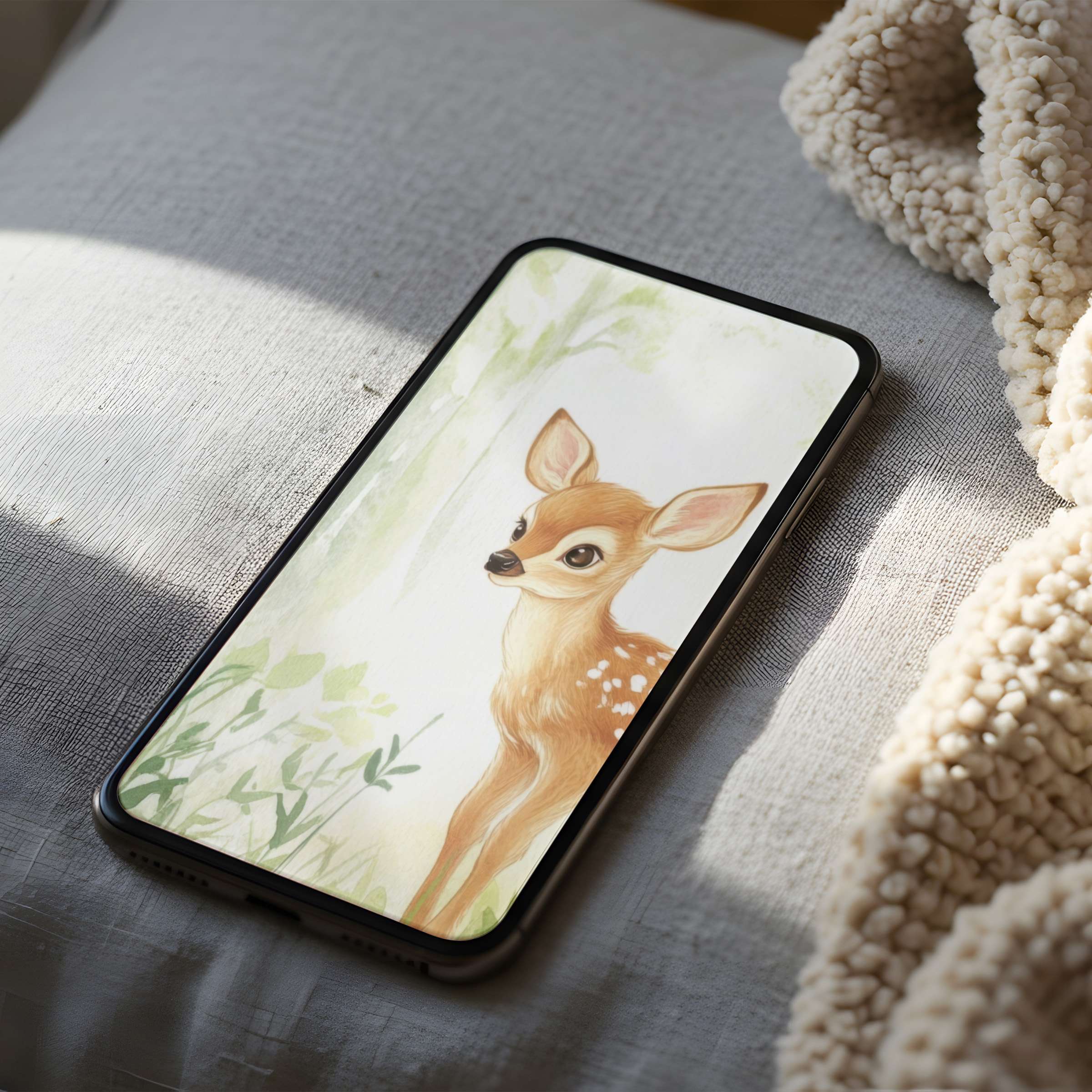 Elegant fawn phone wallpaper with soft hues and nature motifs offers high-resolution serenity for iPhone or Android digital download