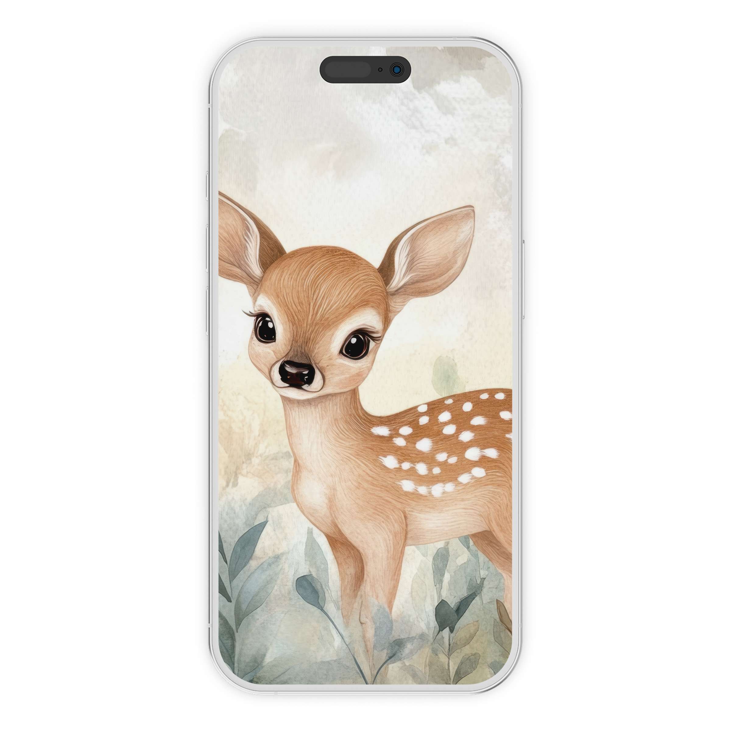 Gentle fawn artistry in soothing hues creates a serene nursery iPhone wallpaper offering a digital download for elegant phone backgrounds