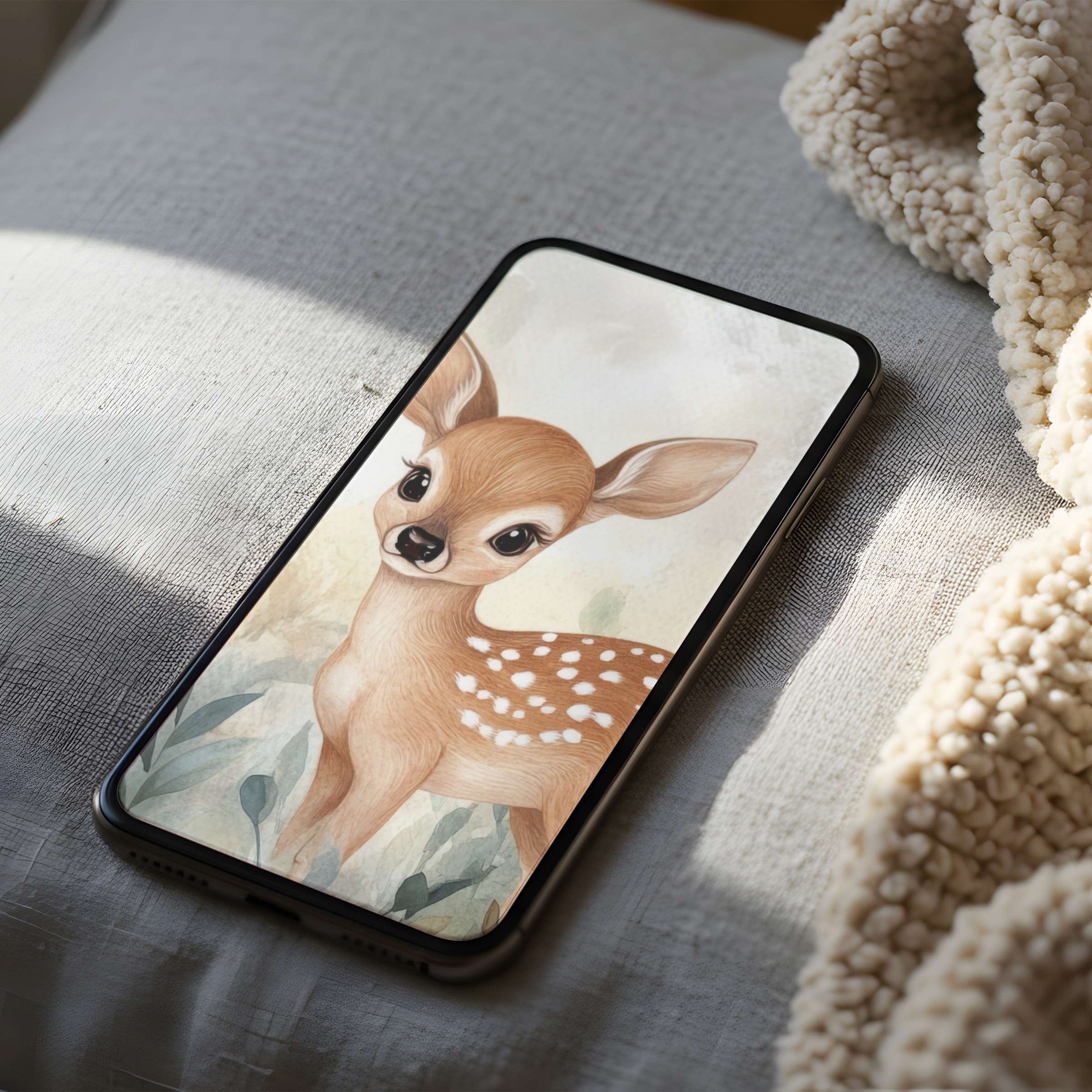Elegant phone wallpaper featuring a serene fawn illustration on a soft background in high resolution suitable for digital download
