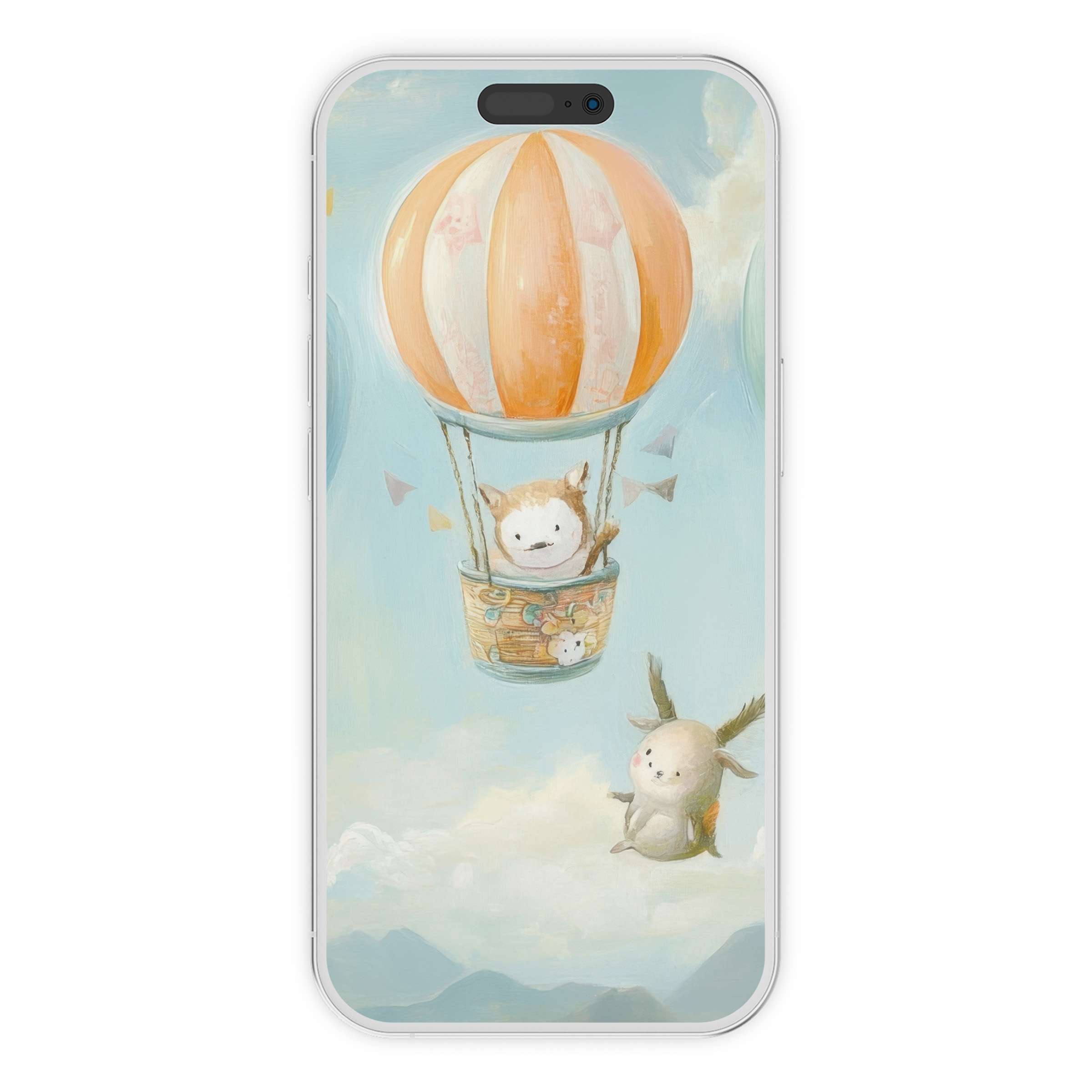 Whimsical nursery iPhone wallpaper with a hot air balloon in pastel skies evokes calm and joy, perfect digital download background for phones