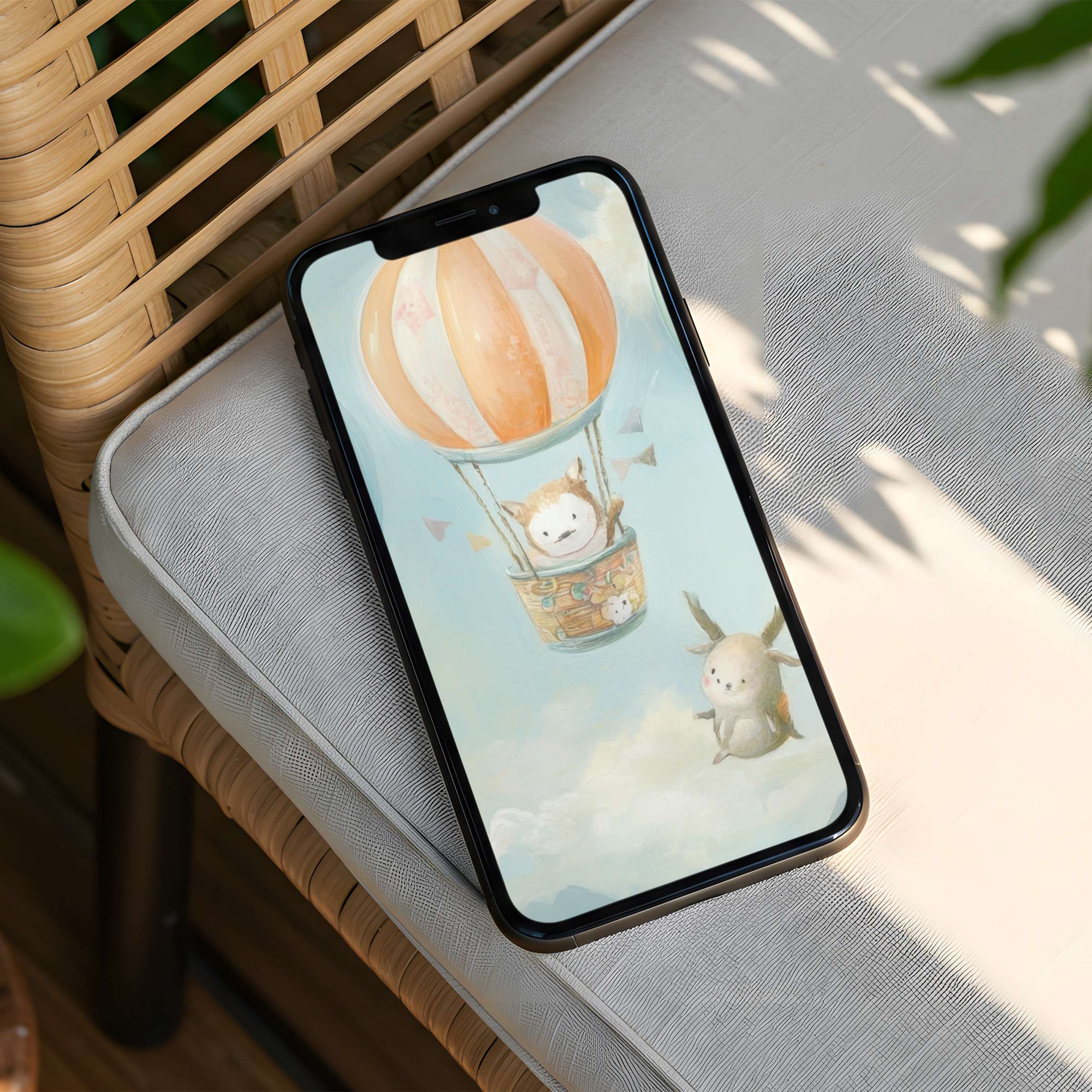 Charming iPhone background with soft pastel hot air balloons and playful animal companions inspires calm and elegance instant download for your phone