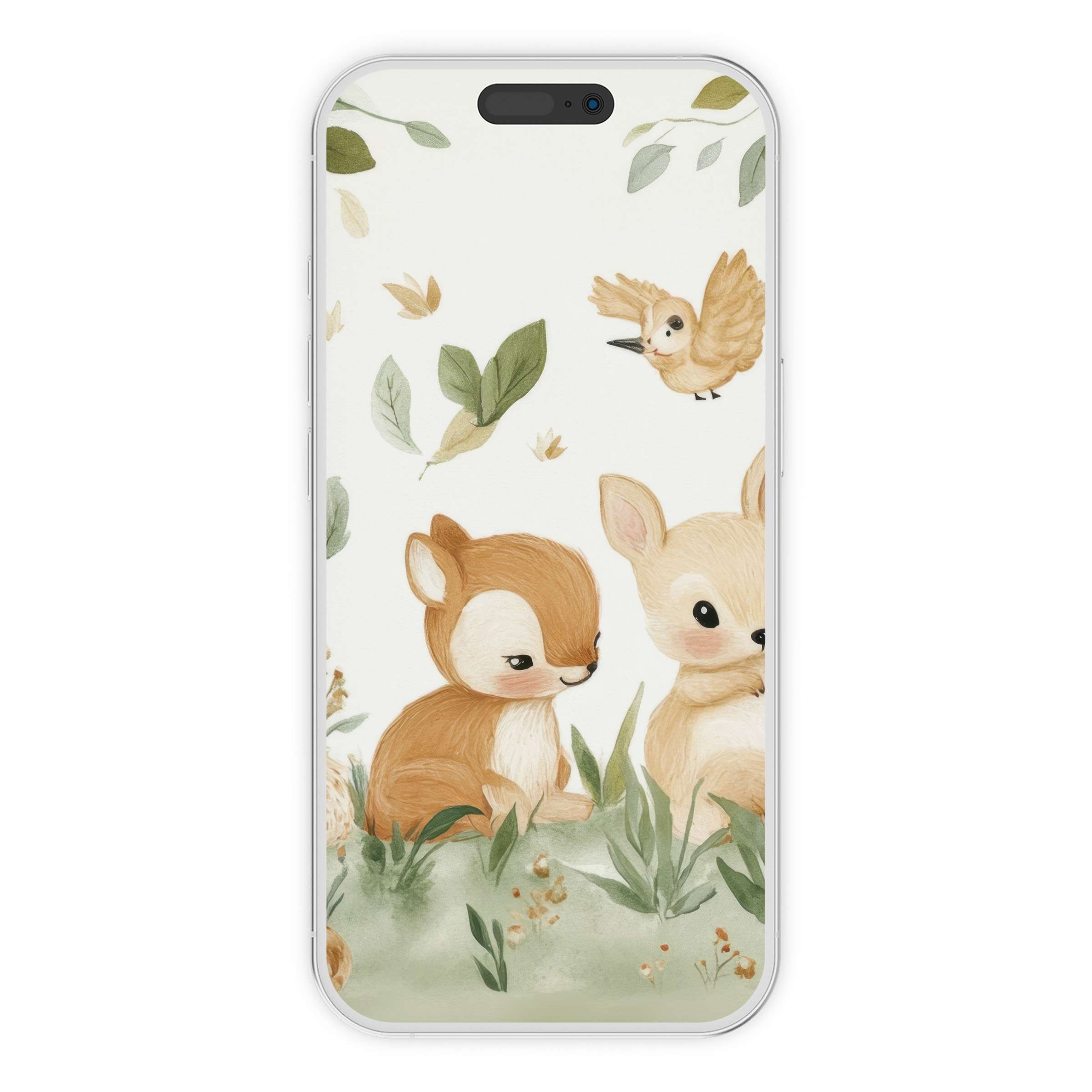 Calm and elegant nursery iPhone wallpaper features two cute fawns in a soft, green leafy background ideal for digital download phone art