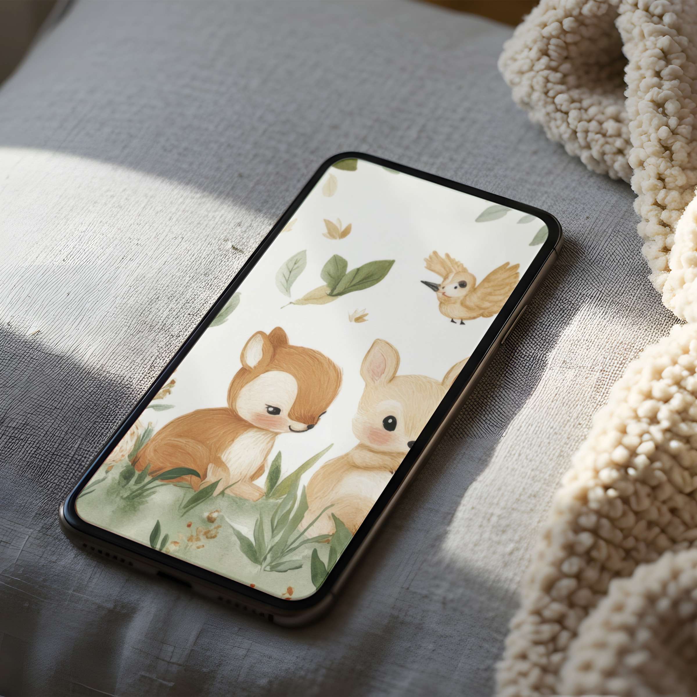 Charming woodland creatures phone wallpaper featuring soft pastels and nature motifs perfect for high-resolution iPhone or Android screens