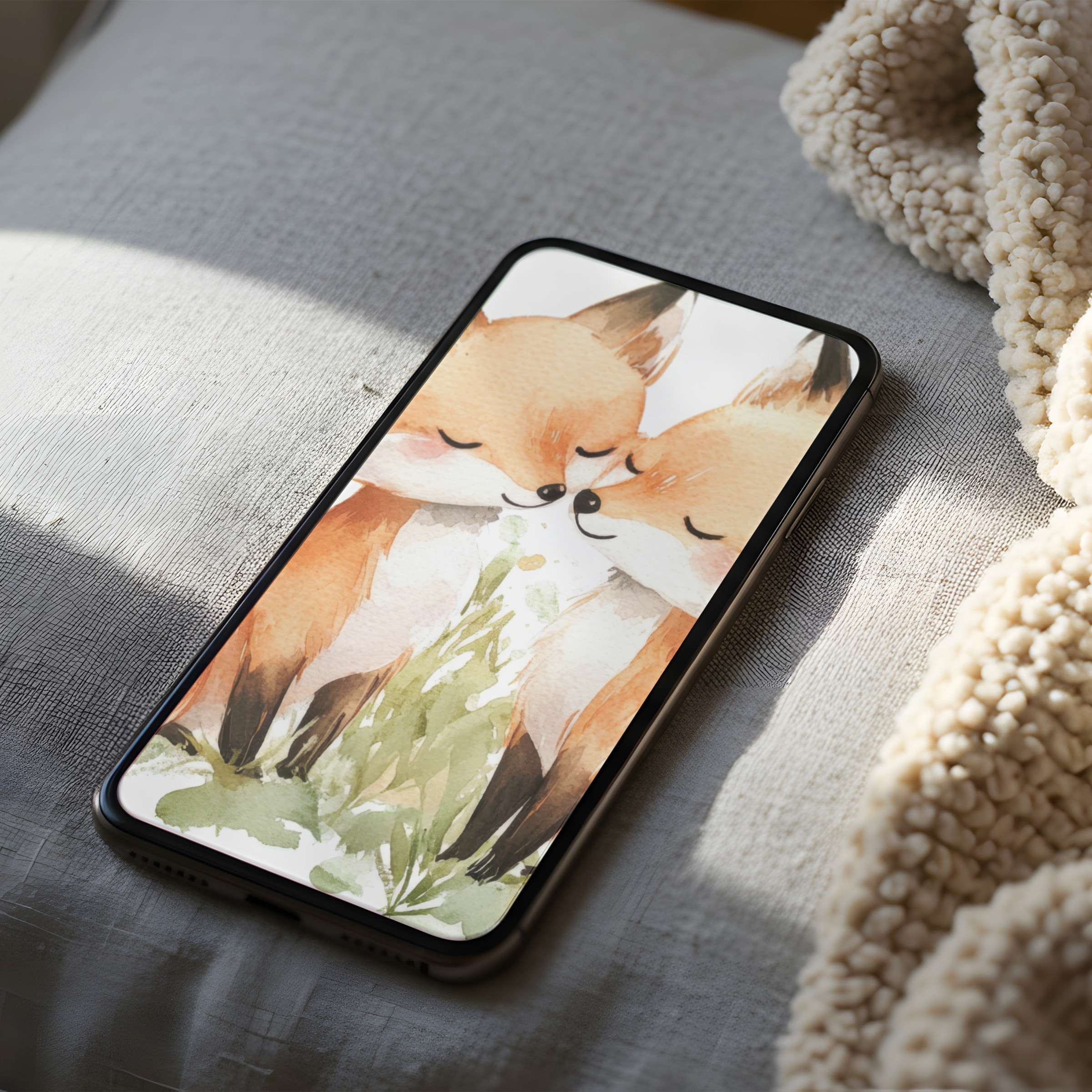 Calming watercolor fox motif phone wallpaper in high resolution, ideal for iPhone or Android, offers instant digital download bliss