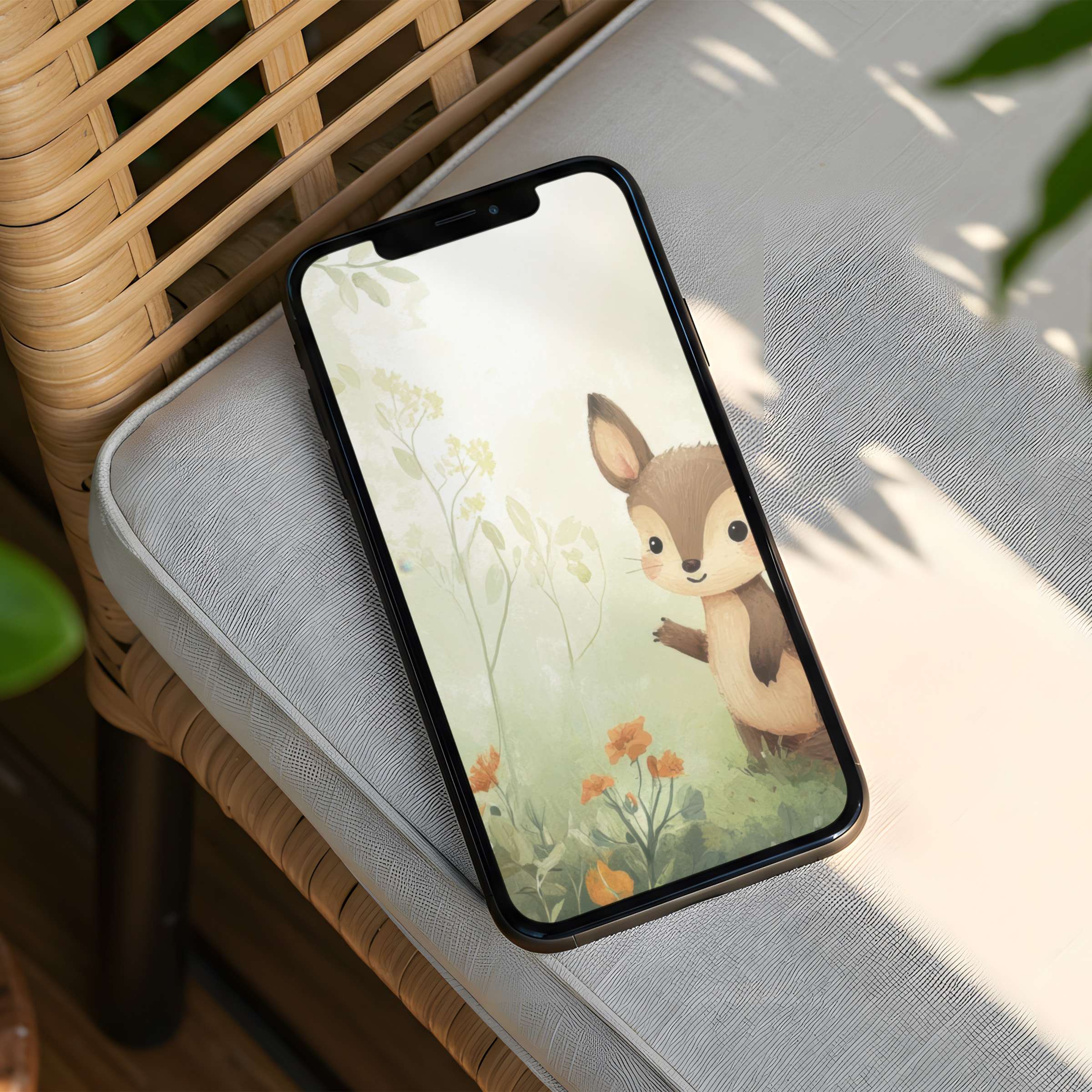 Whimsical digital art iPhone background with woodland creature in soft pastels instant download sparks calm for your phone