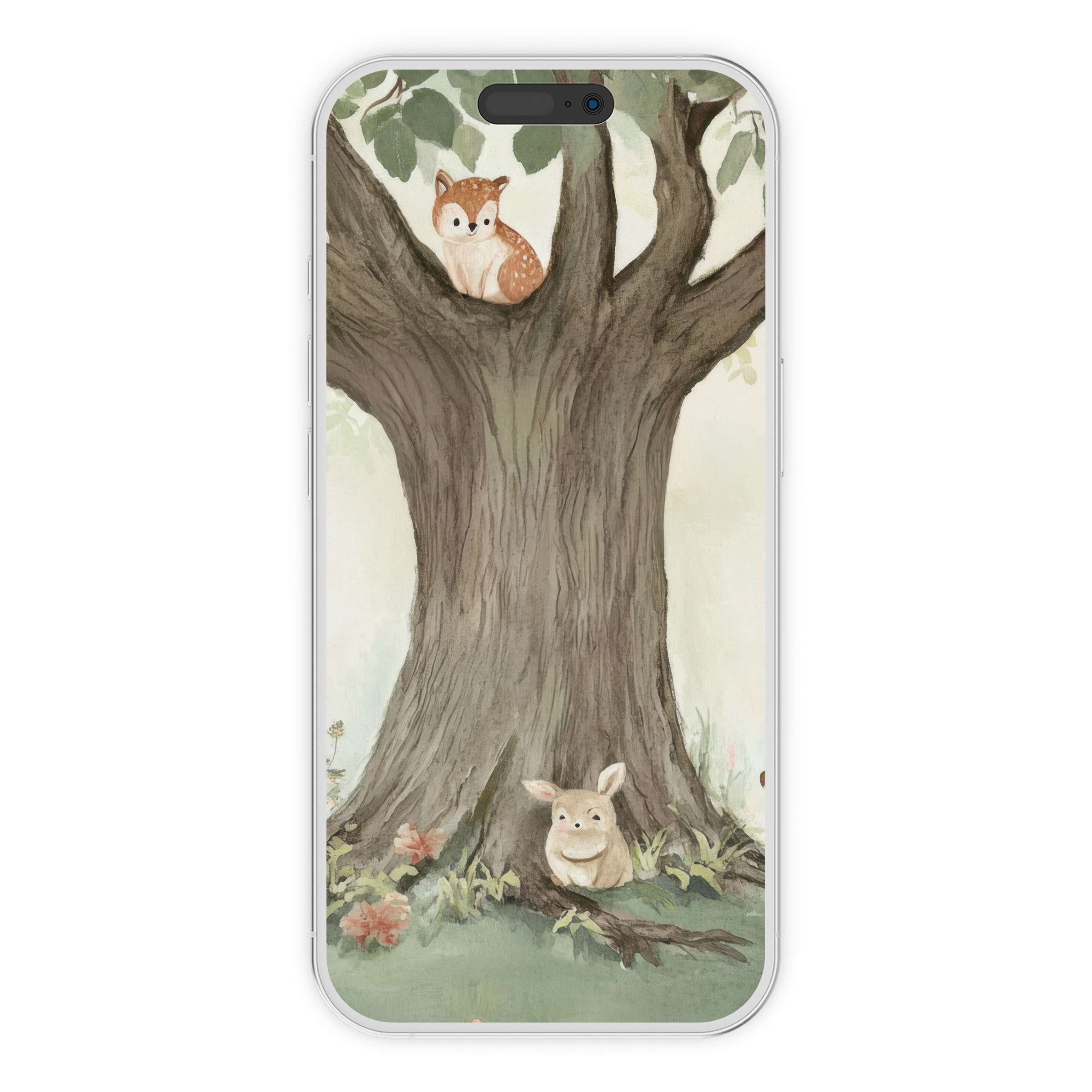 Elegant watercolor nursery iPhone wallpaper featuring a serene woodland scene as a digital download, perfect phone background for both iPhone and Android