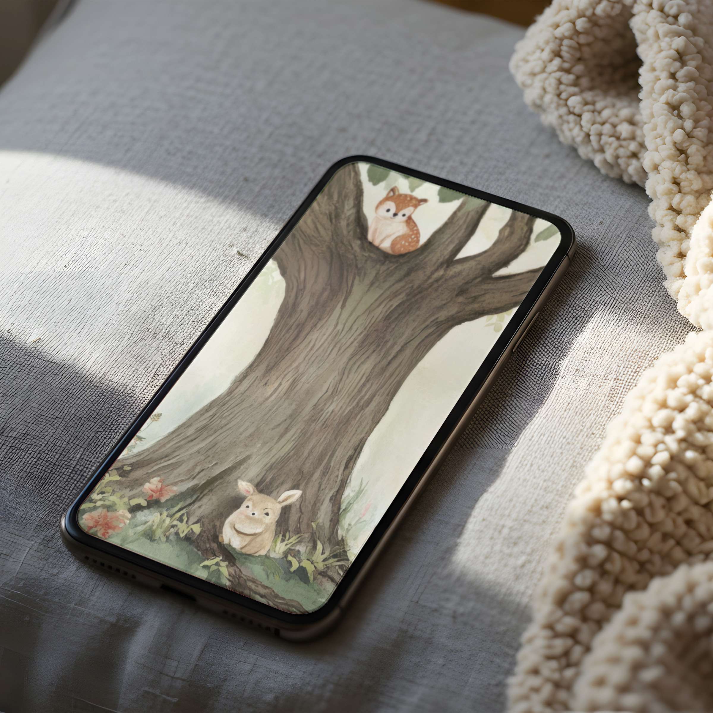 Tranquil forest animals phone wallpaper featuring delicate watercolor fawn and rabbit on an iPhone screen ideal for digital download