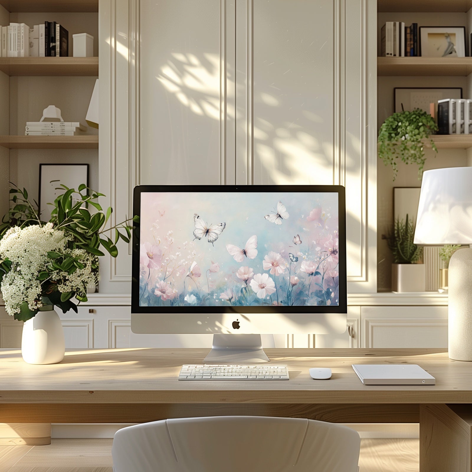 Nursery desktop wallpaper featuring soft pastel flowers and delicate butterflies - a calming, dreamlike digital art design that brings serenity and gentle beauty to your workspace or nursery
