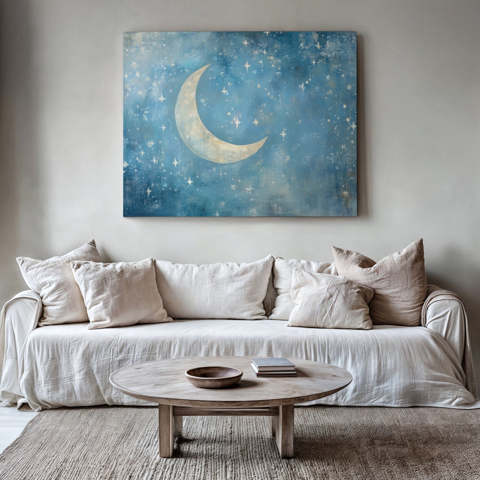 A calming nursery wall art print featuring a soft blue sky filled with tiny stars and a glowing crescent moon. Displayed above a cozy beige sofa in a serene, neutral-toned living room, the artwork adds a gentle, dreamy ambiance perfect for a baby’s room