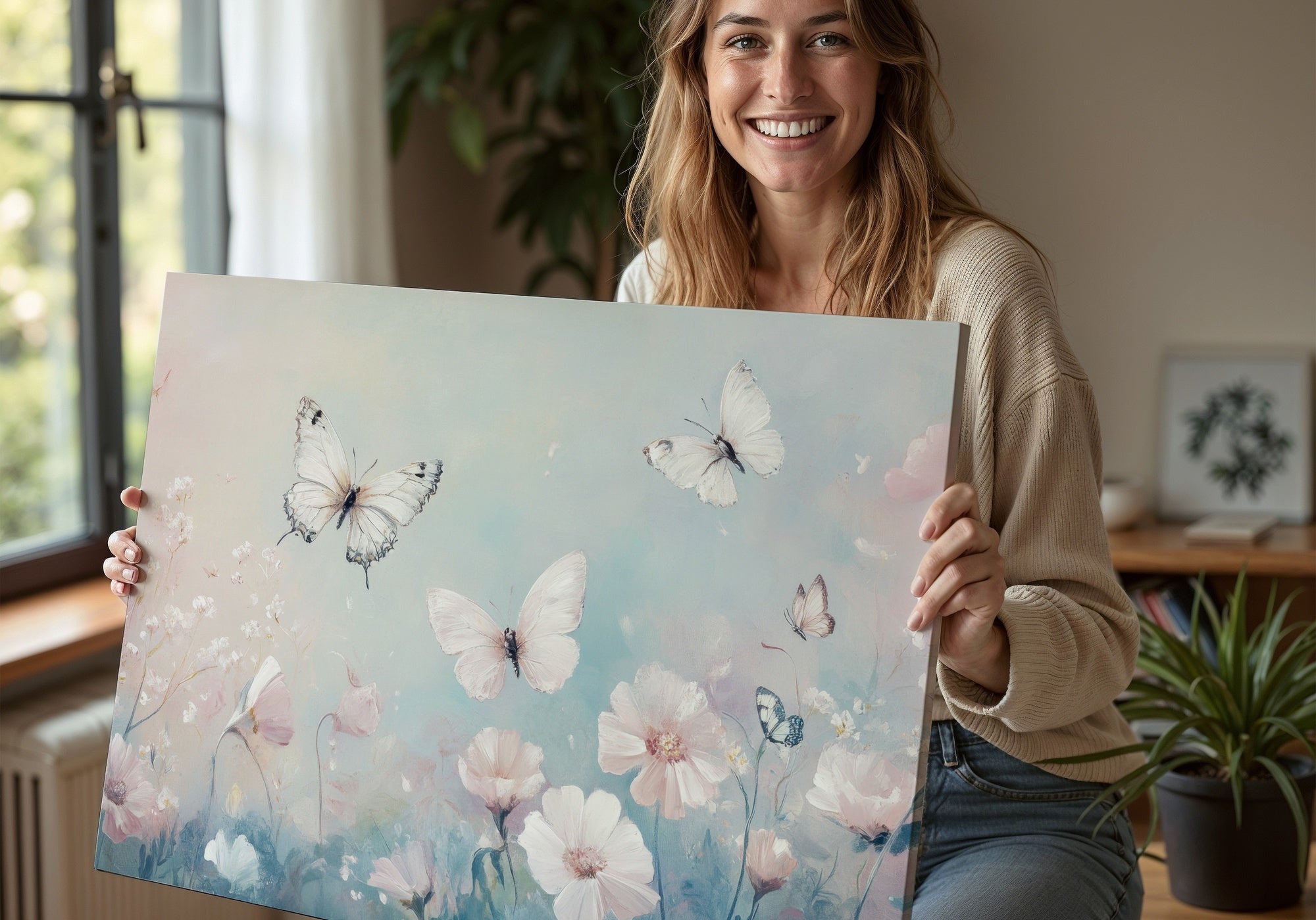 Nursery downloadable art print featuring delicate butterflies and soft pastel flowers in shades of pink and blue, held by a smiling woman in a cozy, light-filled room