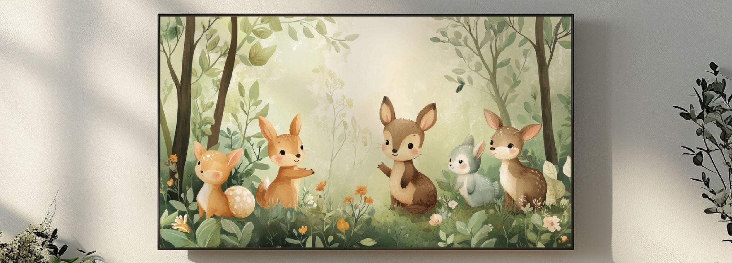 Cute woodland nursery animals illustration featuring deer, bunny and forest setting, soft pastel kids wall art for Samsung Frame TV