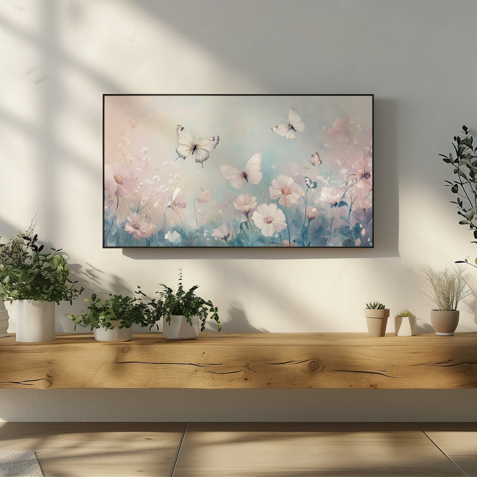 Soft pastel nursery Frame TV art featuring butterflies floating above delicate pink wildflowers, creating a dreamy, calming atmosphere for a baby’s room