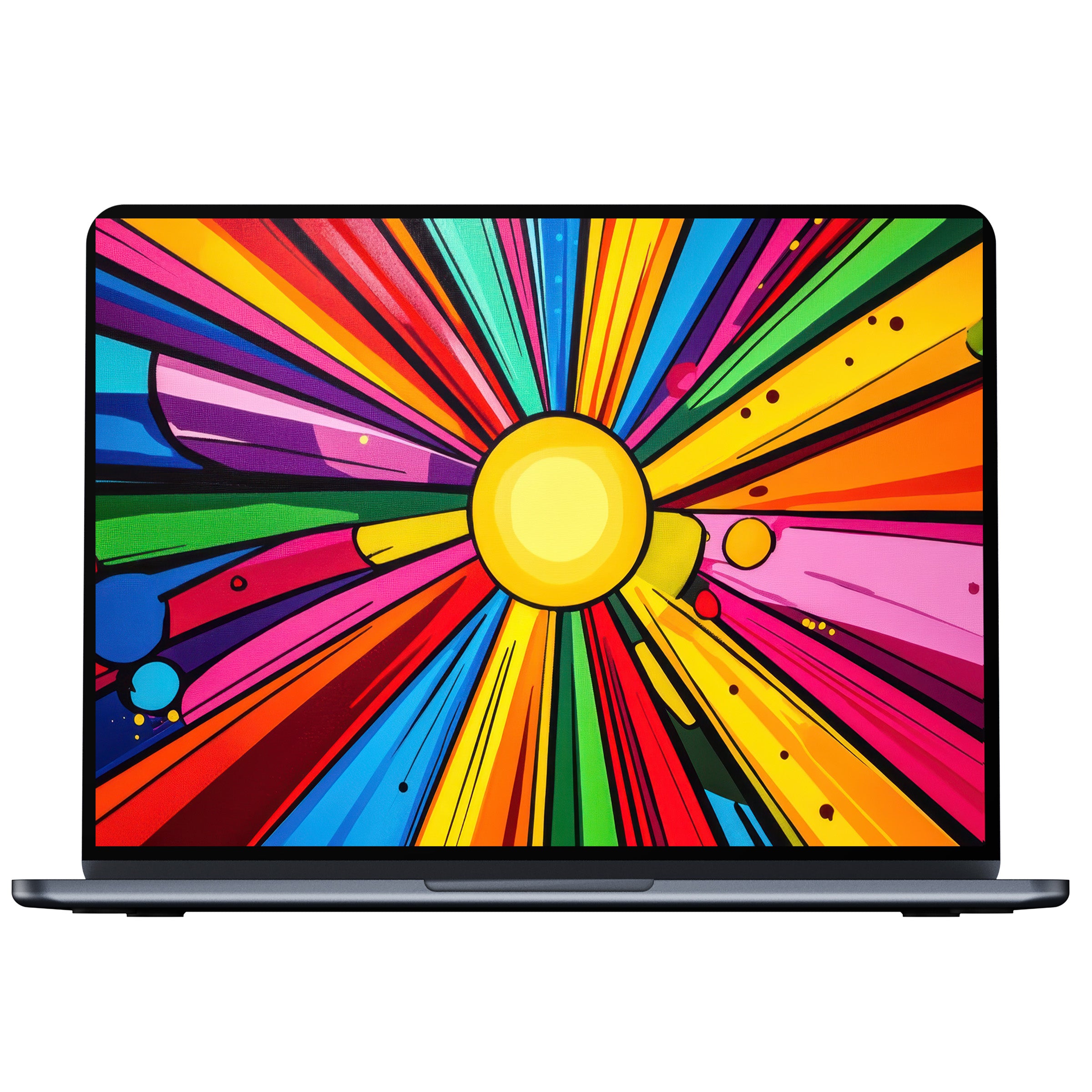 Vibrant pop art desktop wallpaper with a sunburst pattern in bold colors Digital download for PC and laptop decor