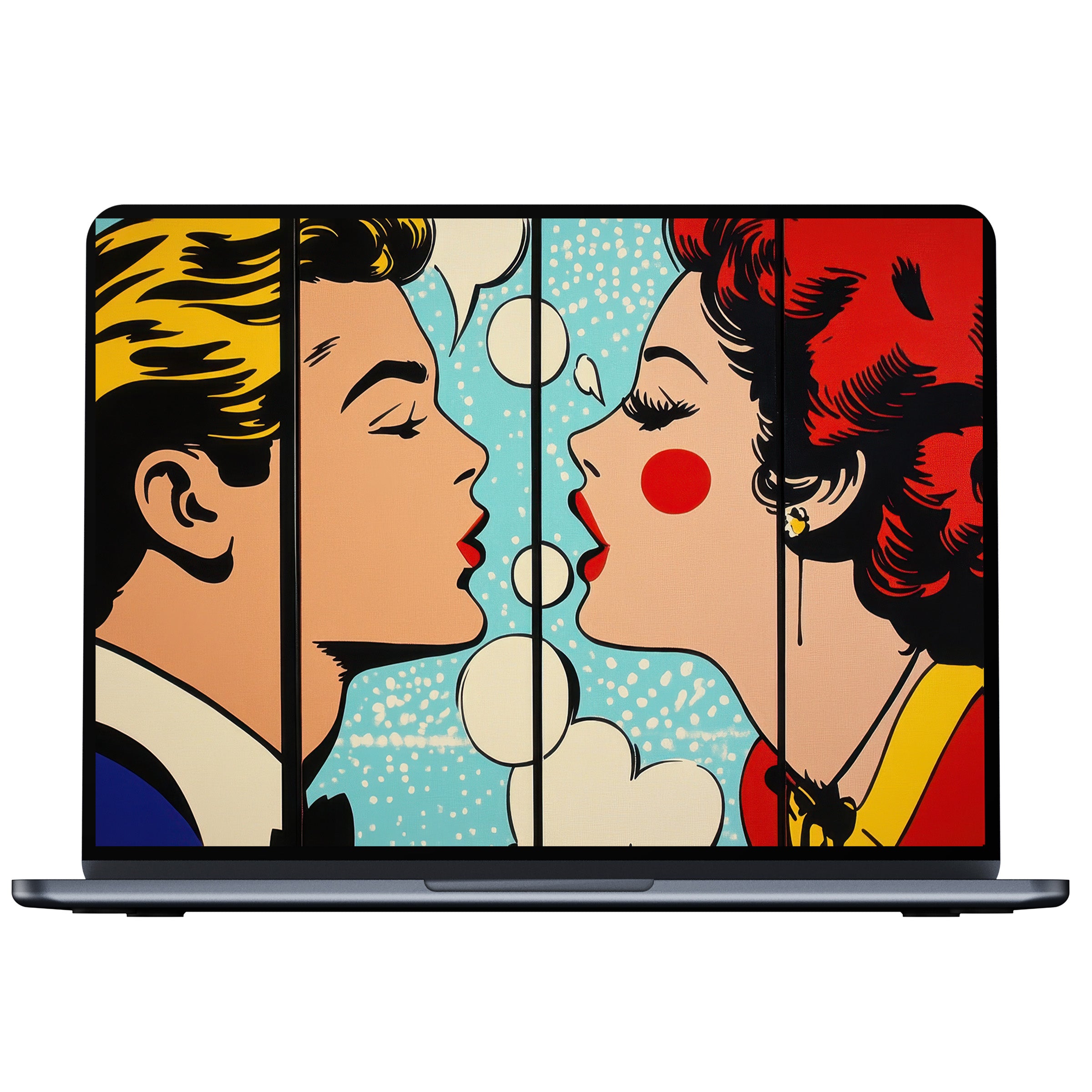 Pop art desktop wallpaper with vibrant comic style couple, elegant retro feel for digital download, perfect for PC and laptop screens