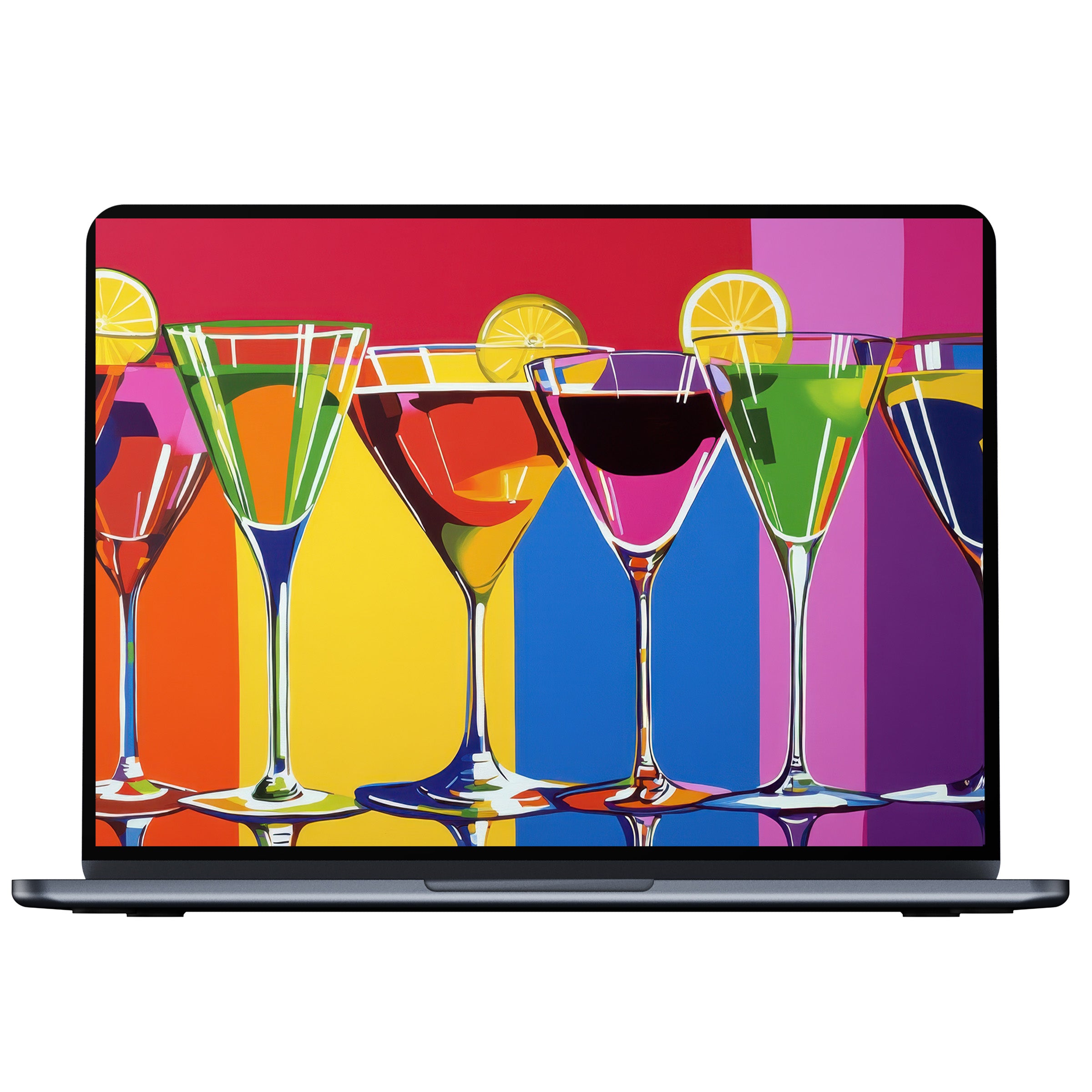 Vibrant pop art desktop wallpaper with colorful cocktail glasses, inspiring elegance and calm, ideal digital download for PC and laptop