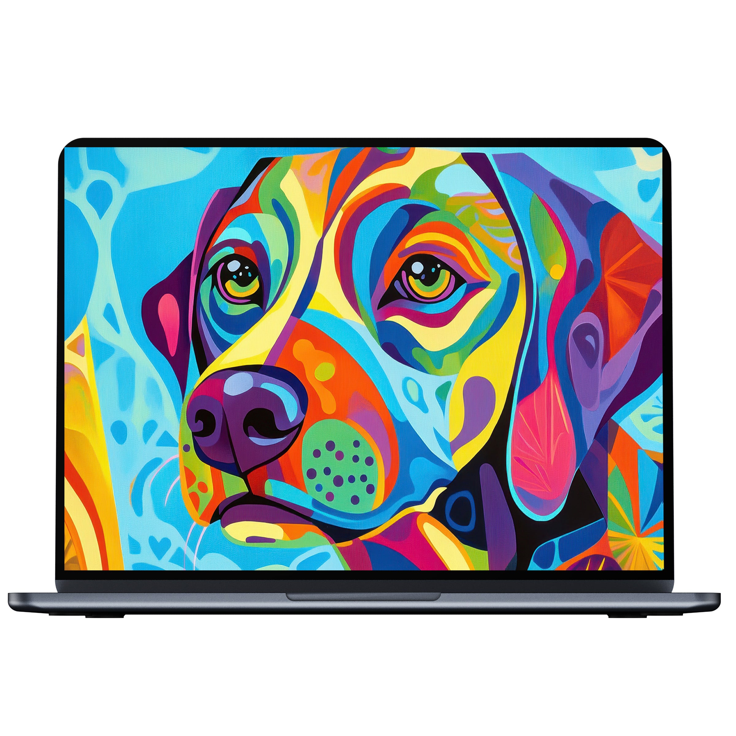 Vibrant pop art desktop wallpaper featuring a colorful dog design for PCs and laptops digital download ideal for creativity and calm inspiration