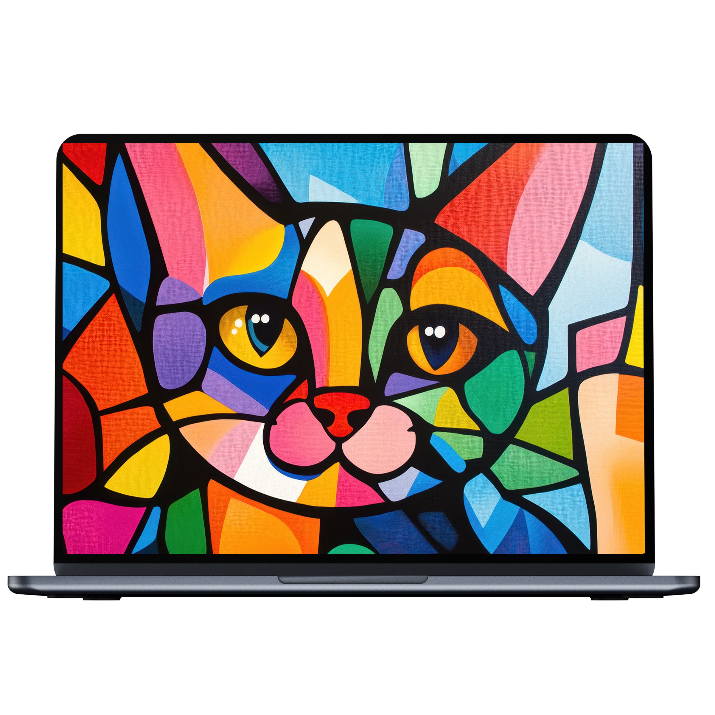 Vibrant pop art desktop wallpaper with a colorful geometric cat design offers calm inspiration for PC, laptop, Mac digital download
