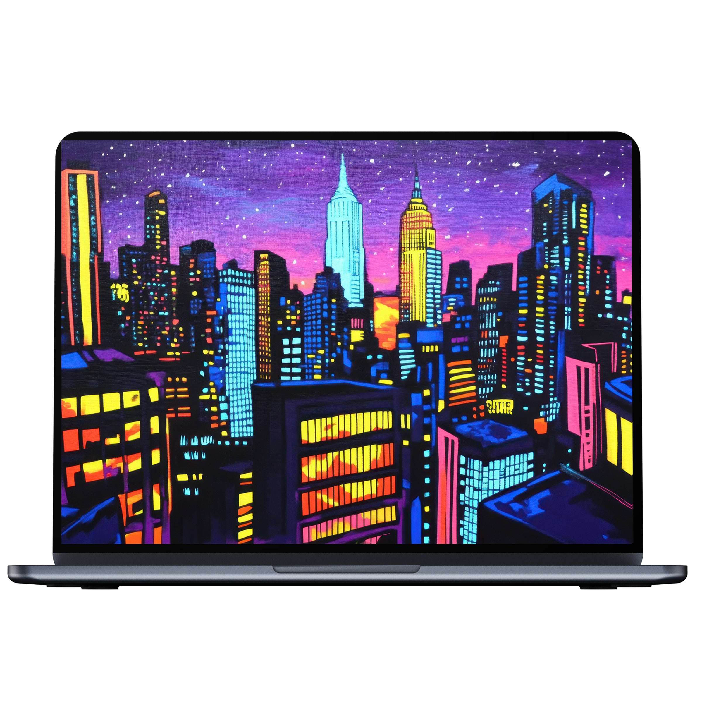 Vibrant pop art desktop wallpaper featuring a colorful cityscape at dusk perfect for PC or laptop digital download inspiring calm