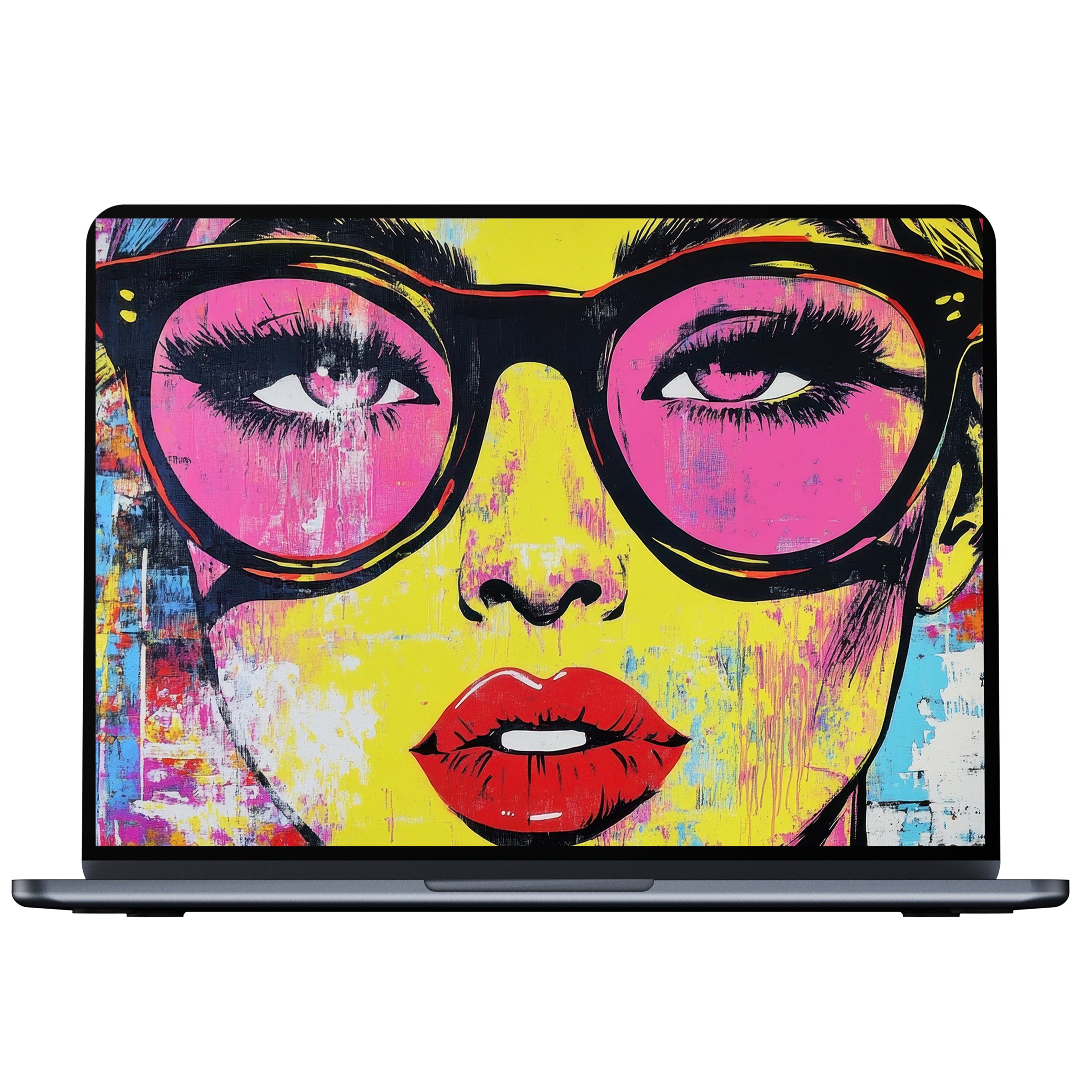 Vibrant pop art desktop wallpaper with bold red lips and large pink glasses evokes calm and inspiration for PC or laptop digital download