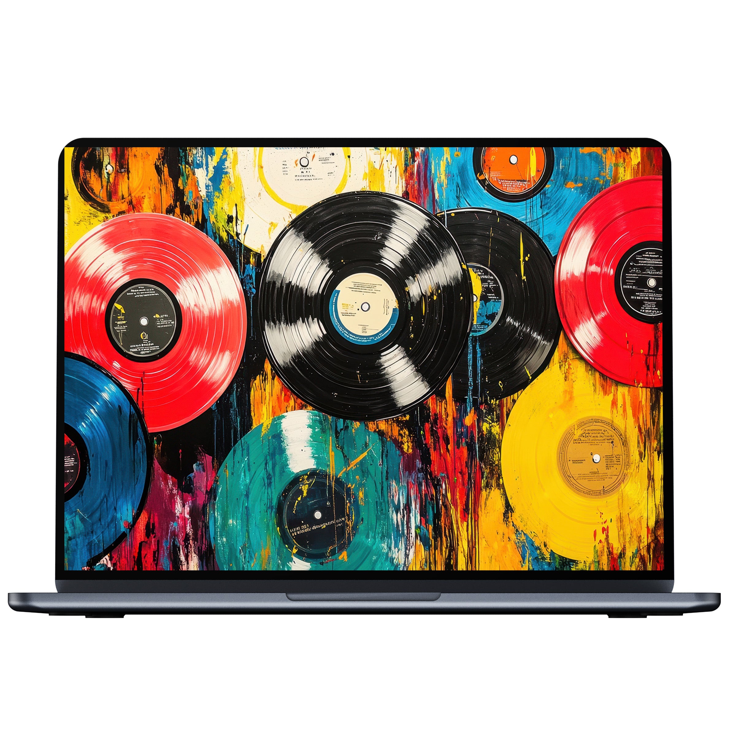 Vibrant pop art desktop wallpaper featuring colorful vinyl records splash on abstract background for PC and laptop digital download