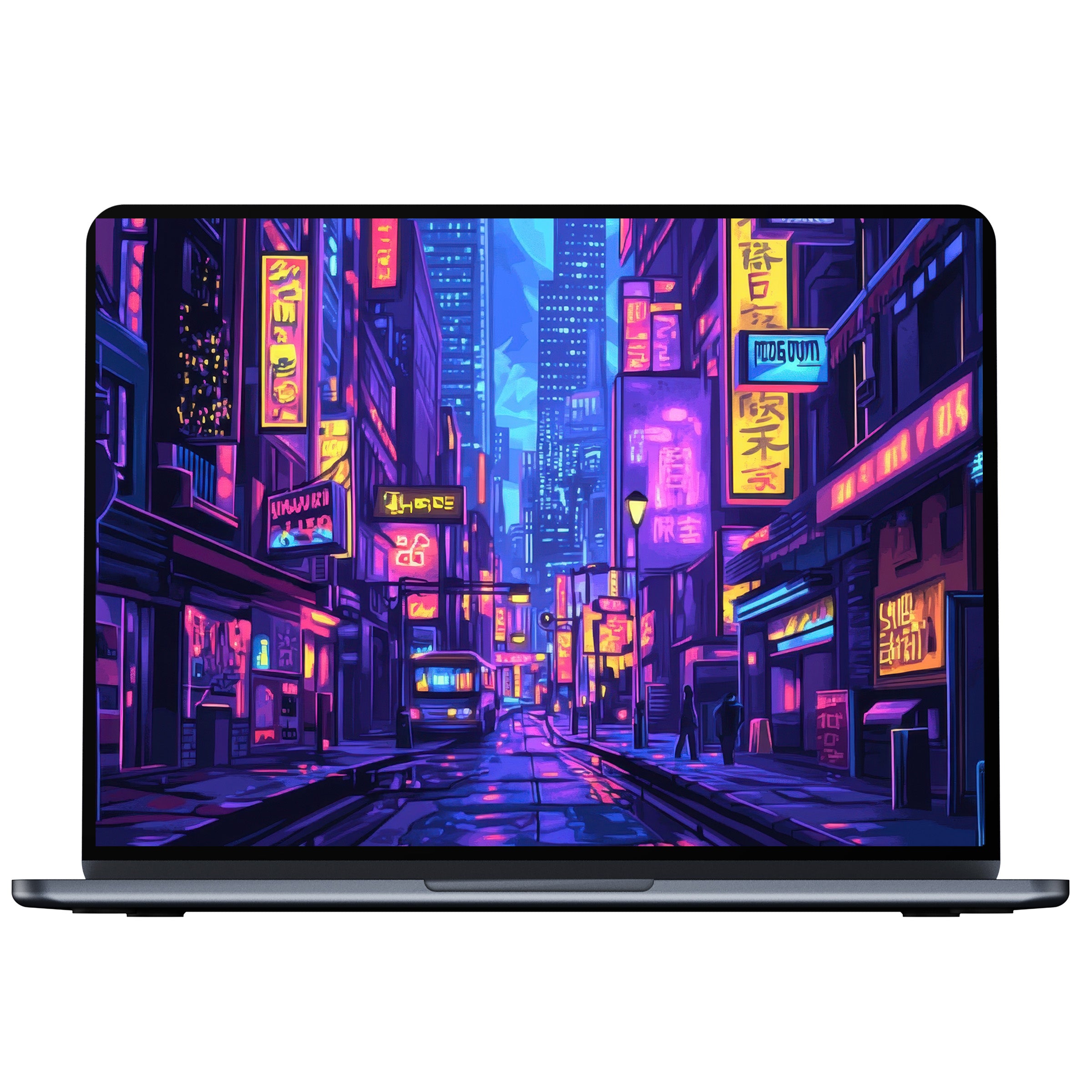 Vibrant pop art desktop wallpaper digital download for PC and laptop with neon hues, creating a calming, urban elegance