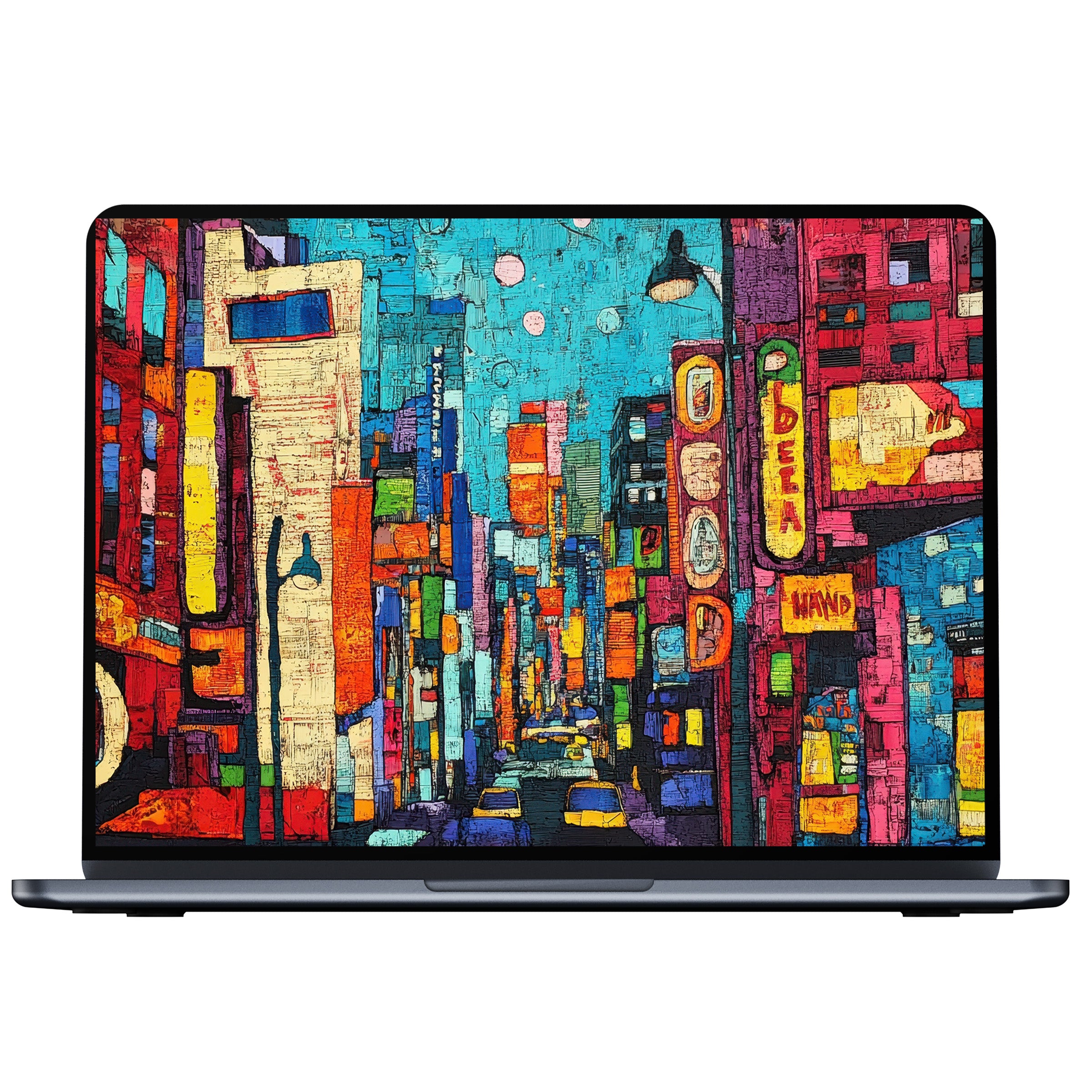 Vibrant pop art desktop wallpaper featuring a colorful cityscape perfect for PCs and laptops digital download for inspiration
