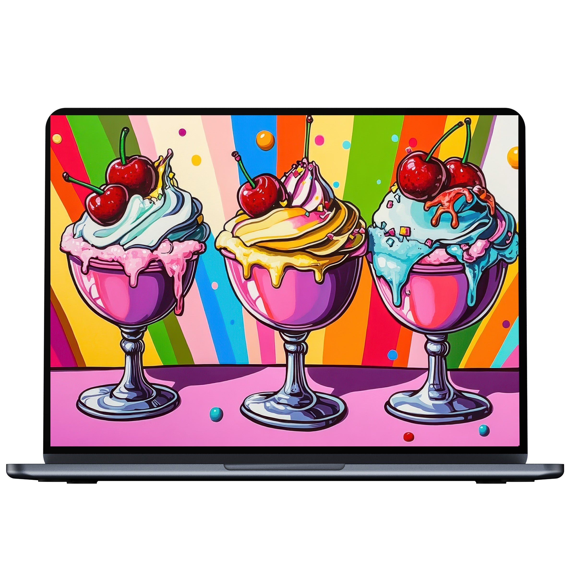 Vibrant pop art desktop wallpaper featuring colorful ice cream sundaes with cherries against a rainbow background for PC, laptop digital download