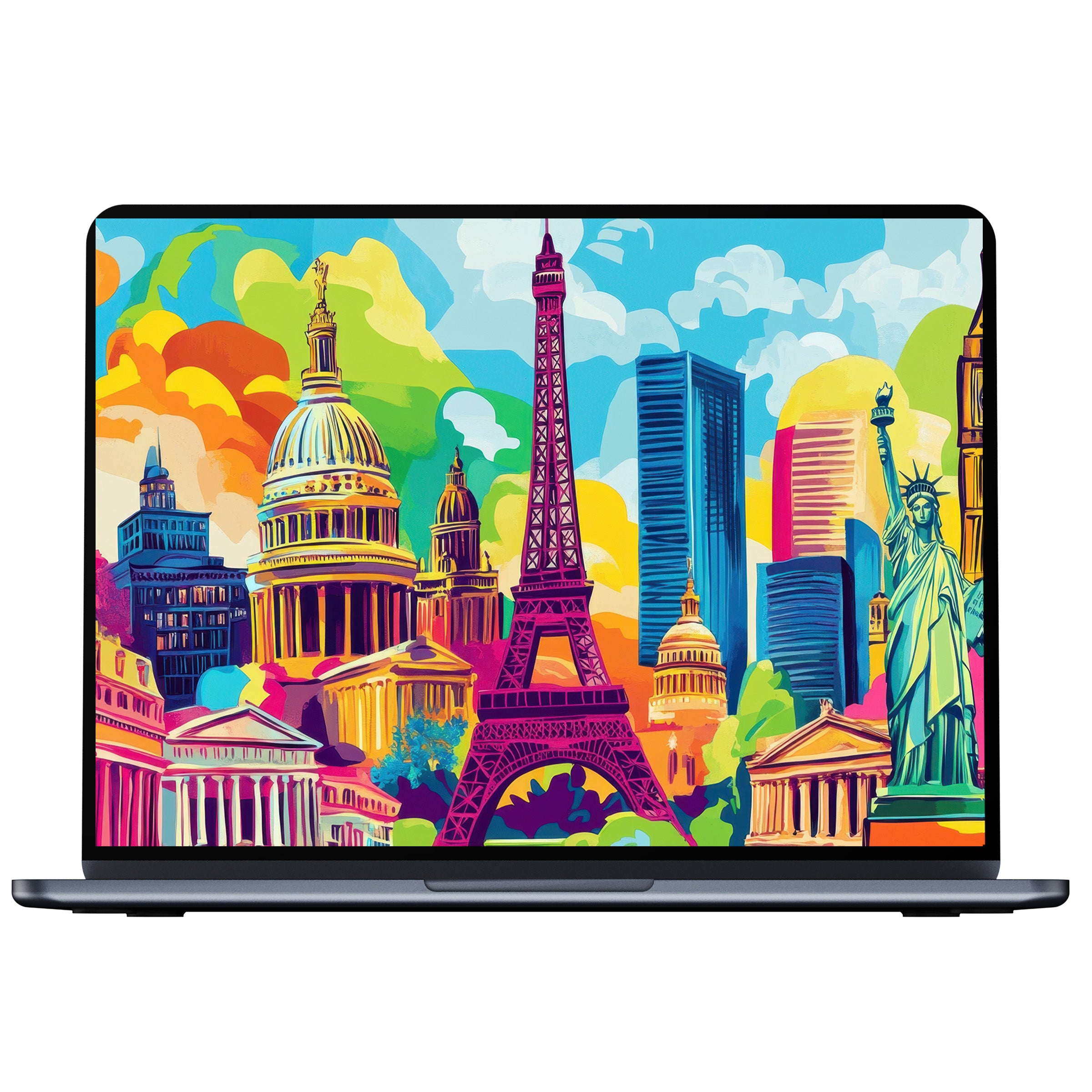 Colorful pop art desktop wallpaper featuring iconic landmarks in vibrant hues offers digital download for PC, laptop, Mac use