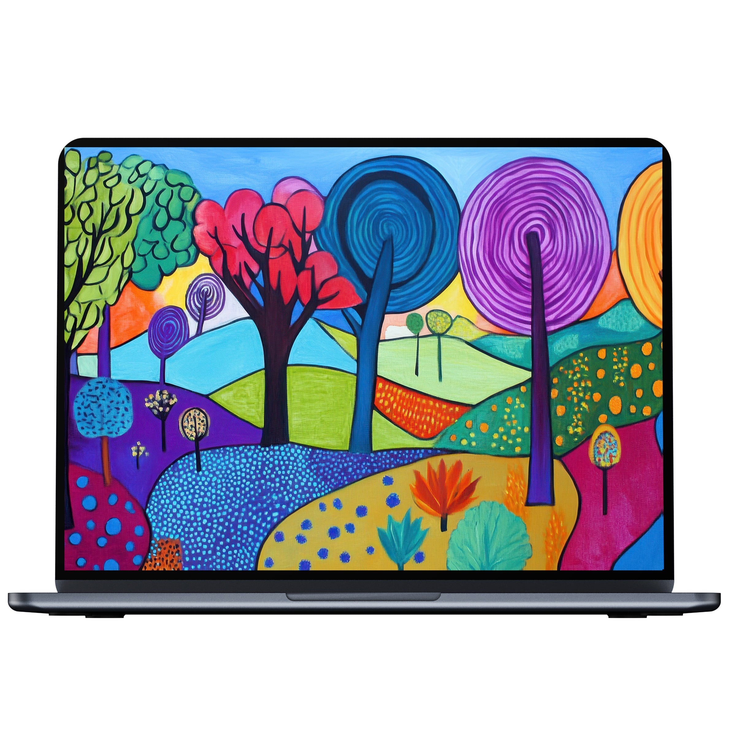 Colorful pop art desktop wallpaper featuring abstract trees and vibrant landscapes digital download for PC and laptop screens