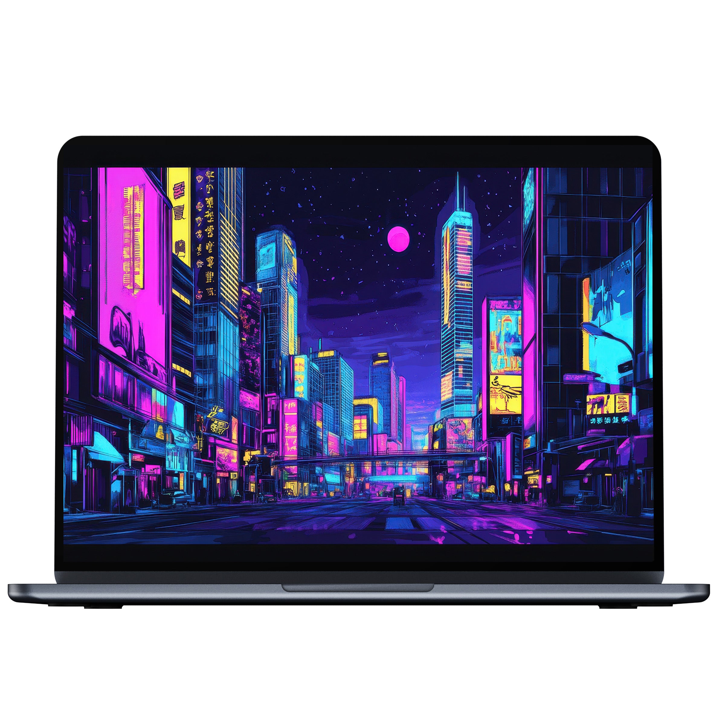 Vibrant pop art desktop wallpaper features a neon-lit cityscape, perfect for elegant digital download on PC, Mac, or laptop display