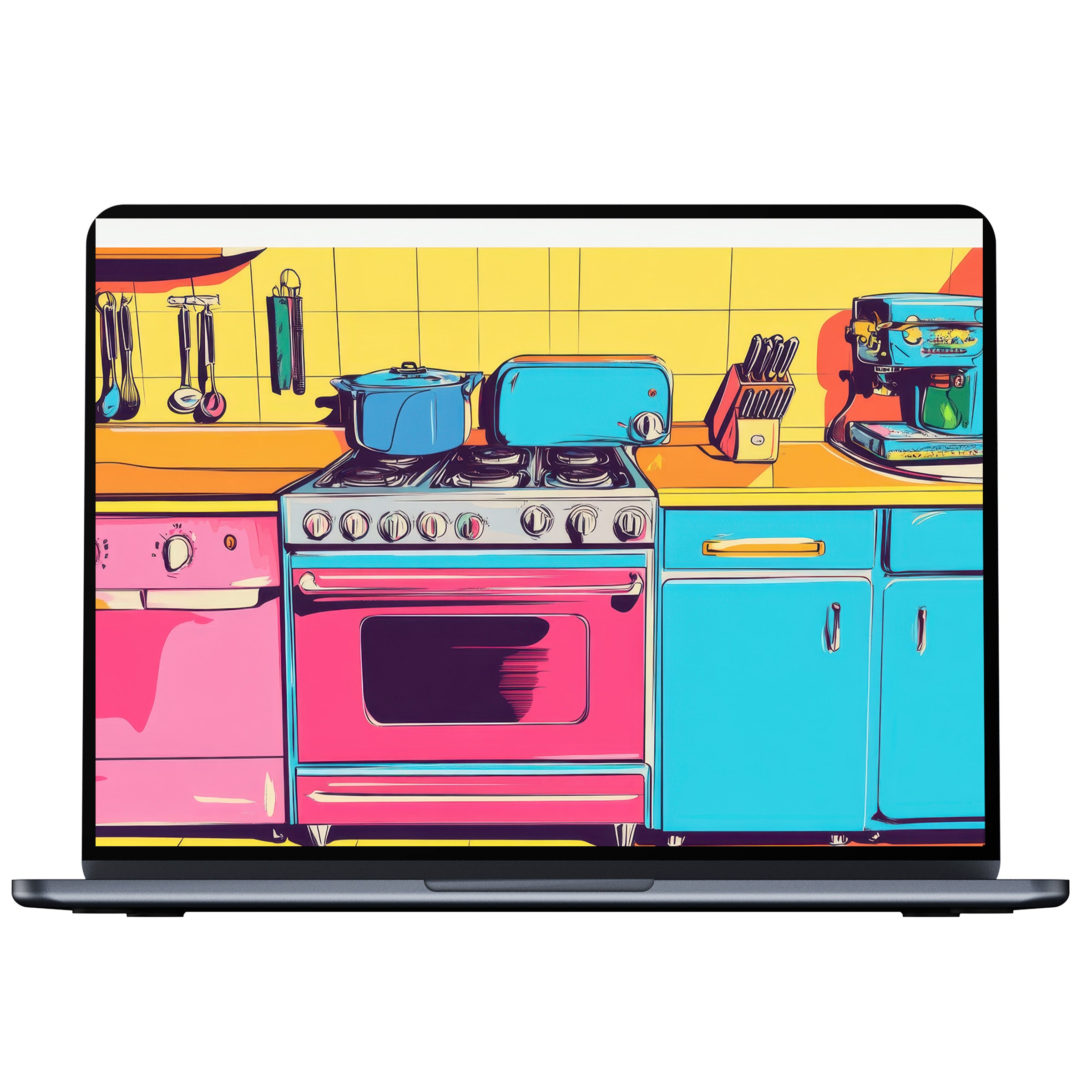 Pop art desktop wallpaper featuring a vibrant retro kitchen design in pink and blue tones perfect for PC or laptop digital download