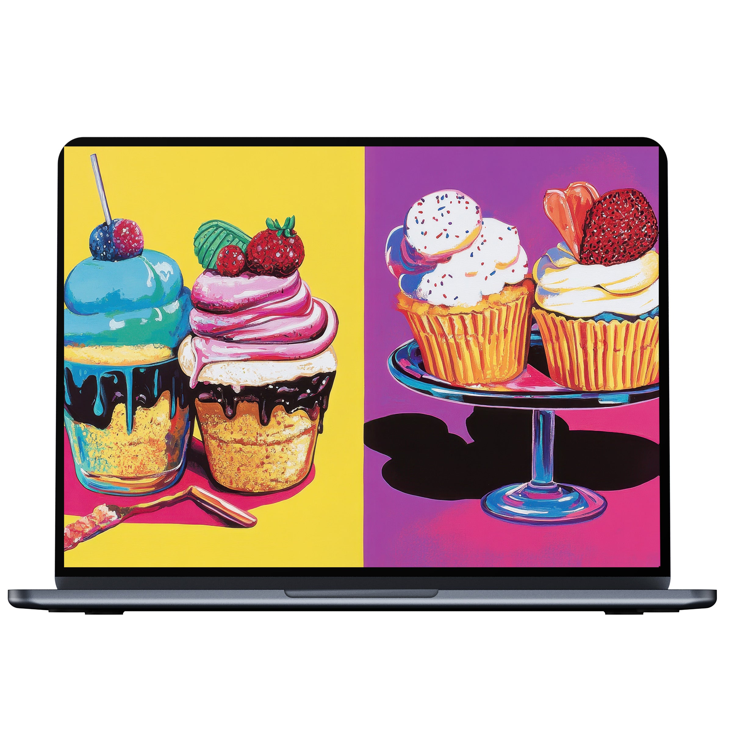 Pop art desktop wallpaper featuring vibrant cupcakes on laptop screens digital download inspiring creativity on PC Mac and tablet