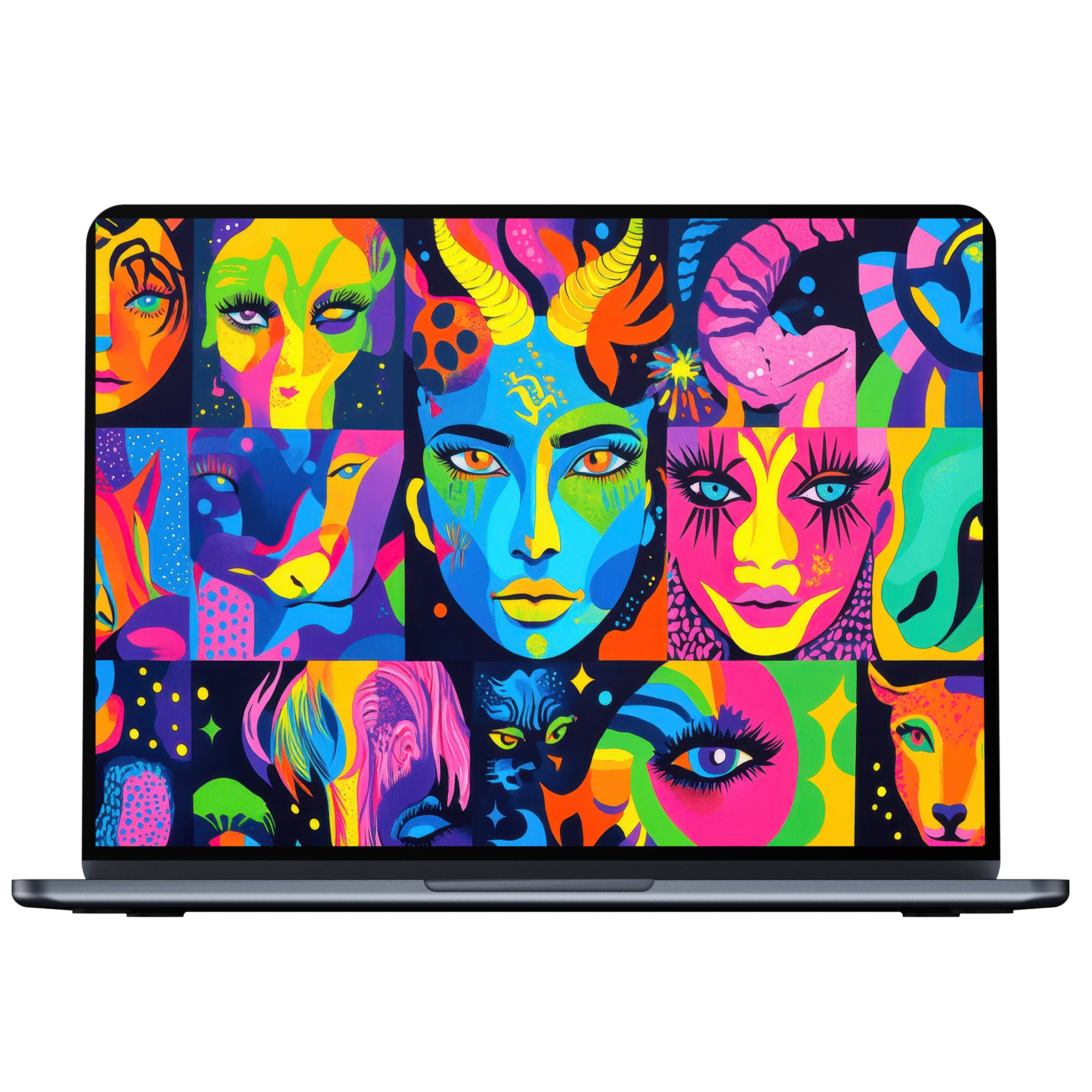 Vibrant pop art desktop wallpaper digital download features colorful faces and animal motifs for PC, Laptop, and Mac elegance
