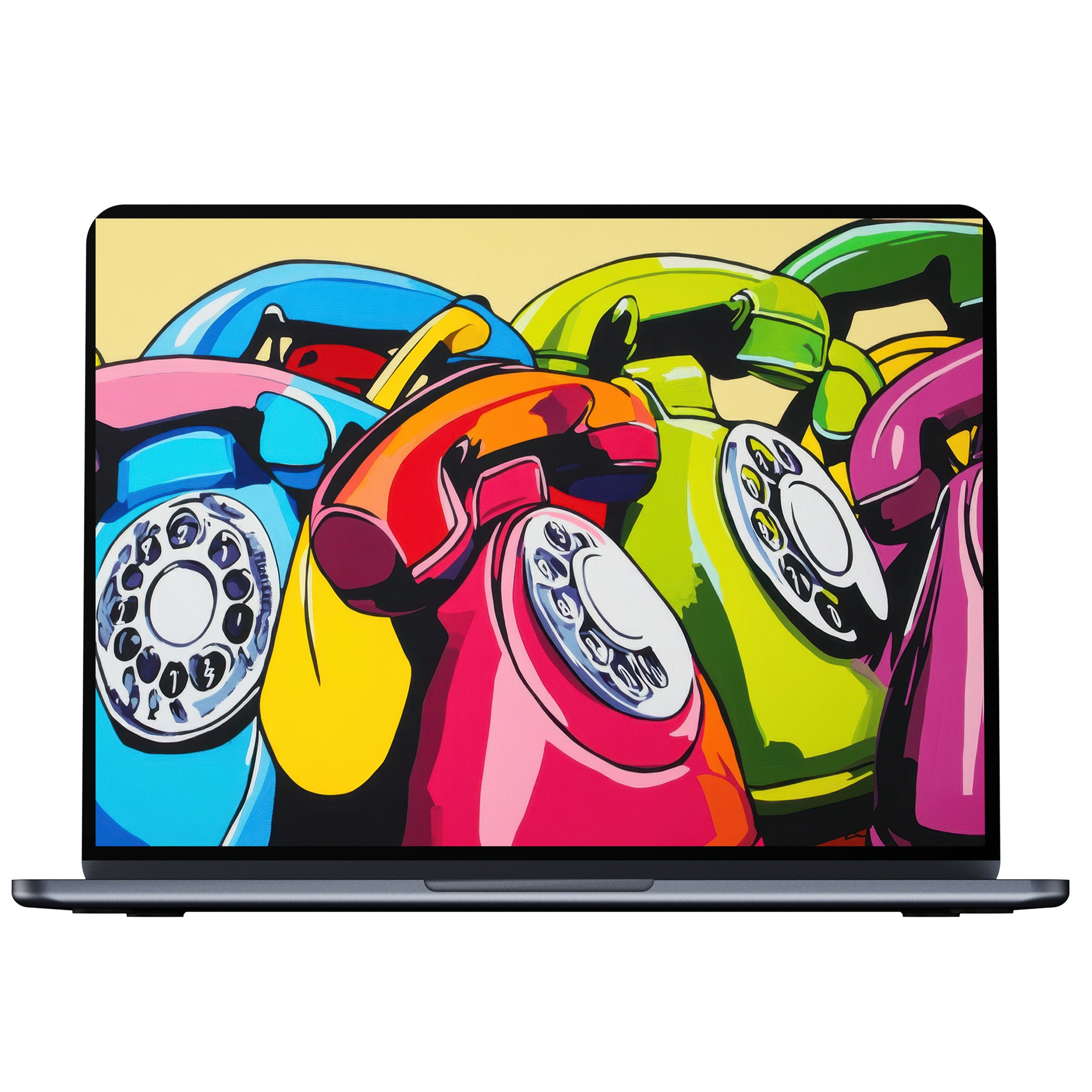 Vibrant pop art desktop wallpaper featuring colorful retro phones brings inspiration to your PC or laptop digital download now